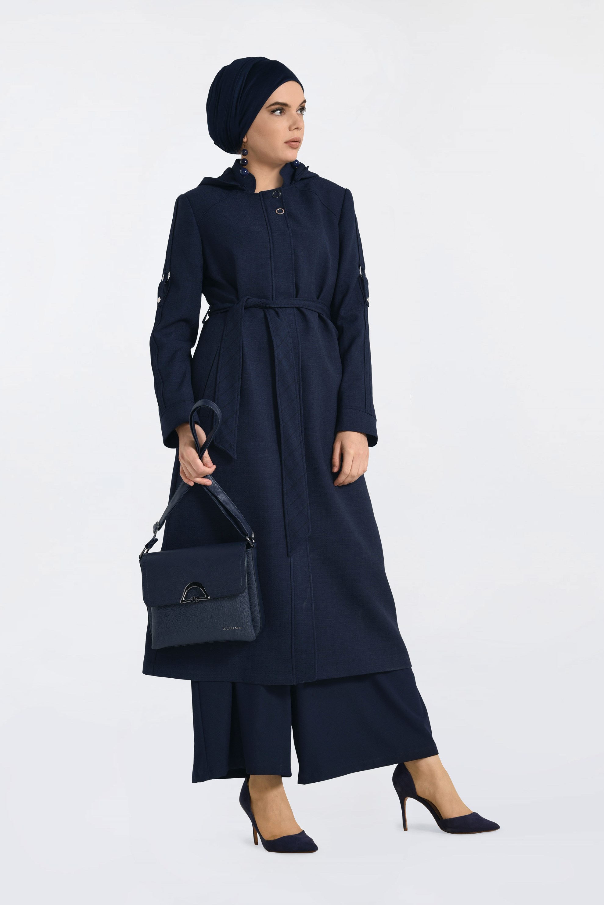 Tesettür giyim LACİVERT KAPÜŞONLU BELİ KUŞAKLI TRENÇKOT 1337 