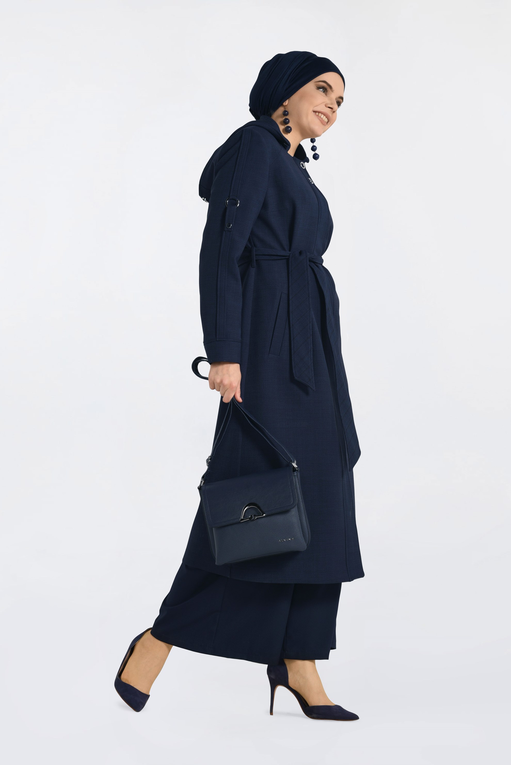 Tesettür giyim LACİVERT KAPÜŞONLU BELİ KUŞAKLI TRENÇKOT 1337 