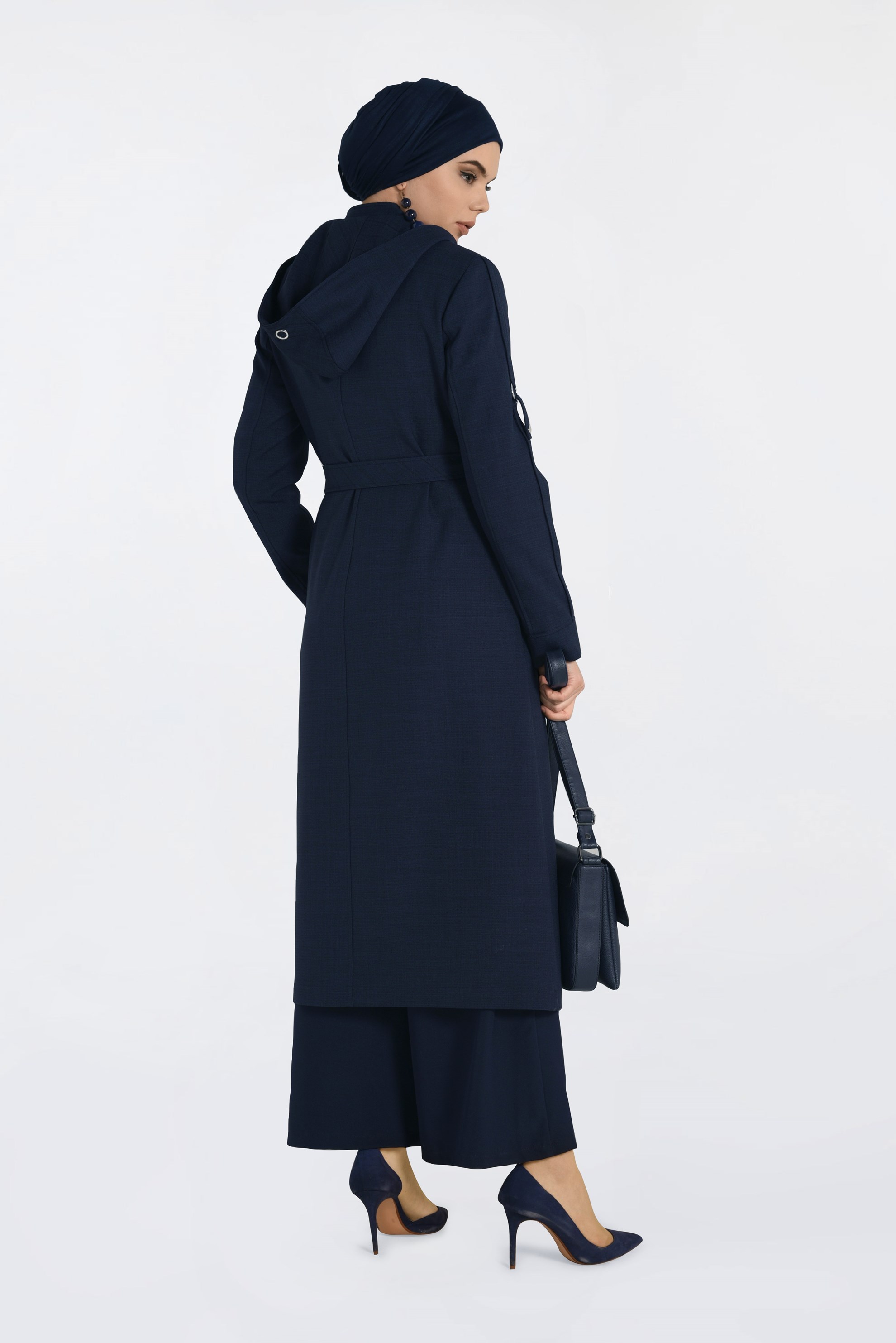 Tesettür giyim LACİVERT KAPÜŞONLU BELİ KUŞAKLI TRENÇKOT 1337 