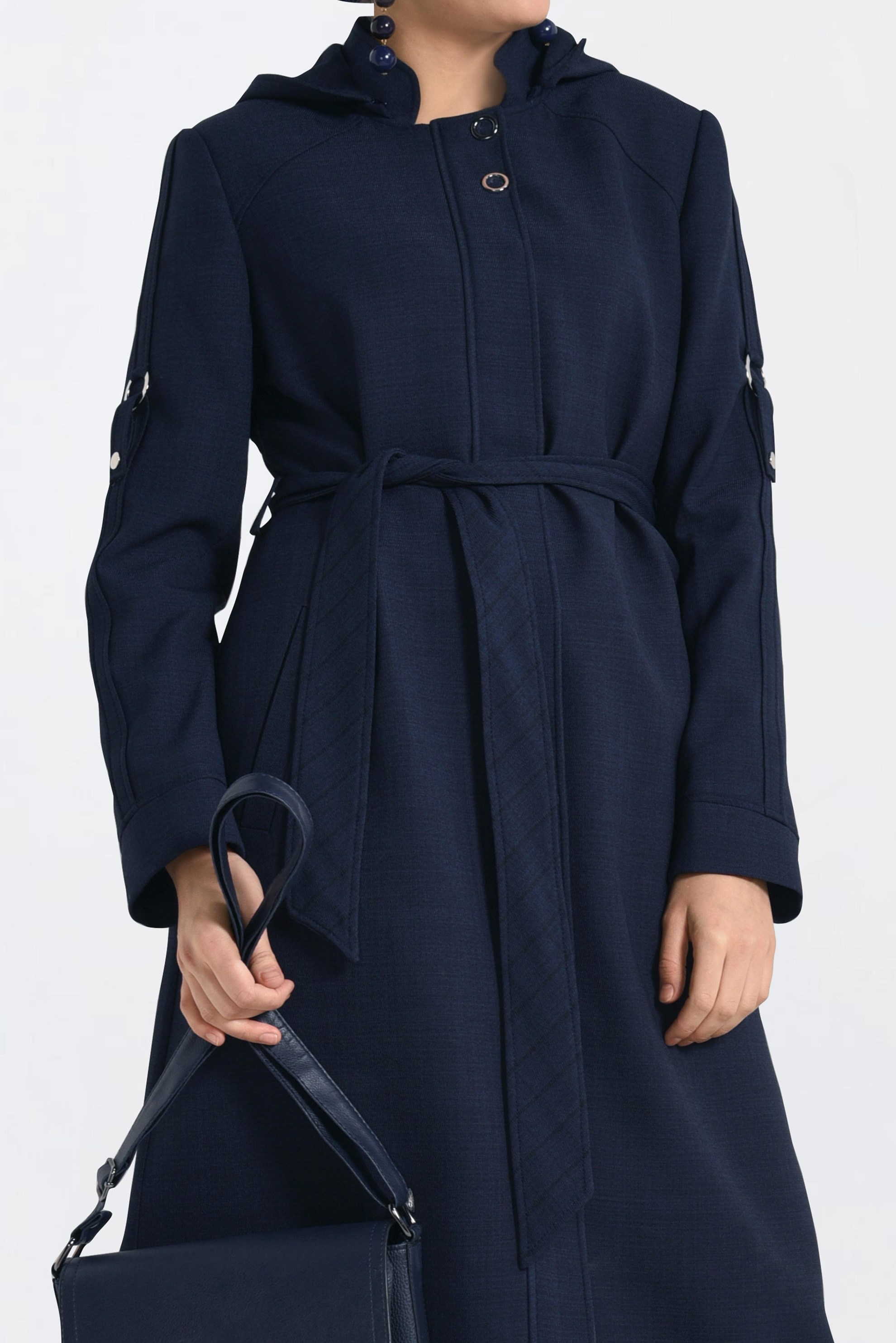 Tesettür giyim LACİVERT KAPÜŞONLU BELİ KUŞAKLI TRENÇKOT 1337 