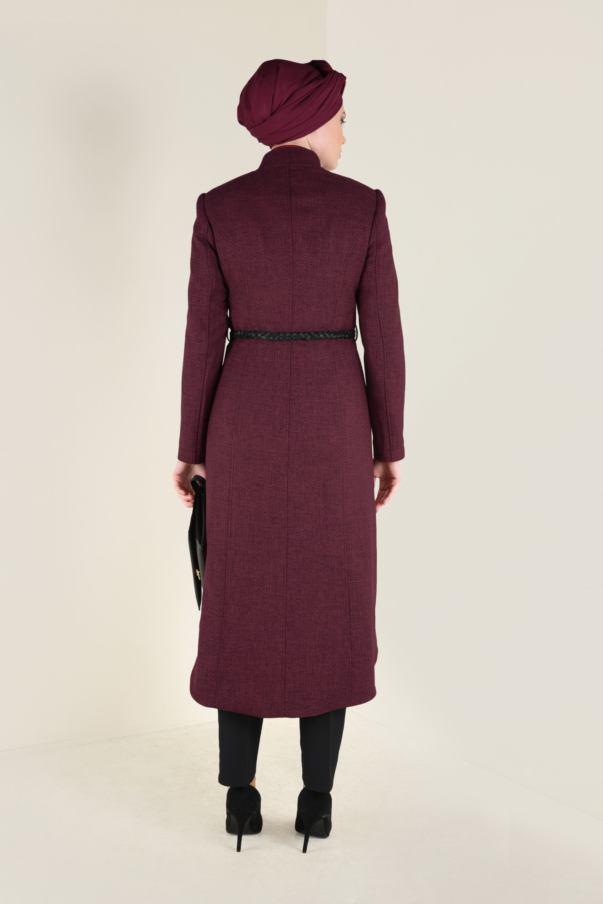 Tesettür giyim BORDO DERİ KEMERLİ FERMUARLI TRENÇKOT 1339