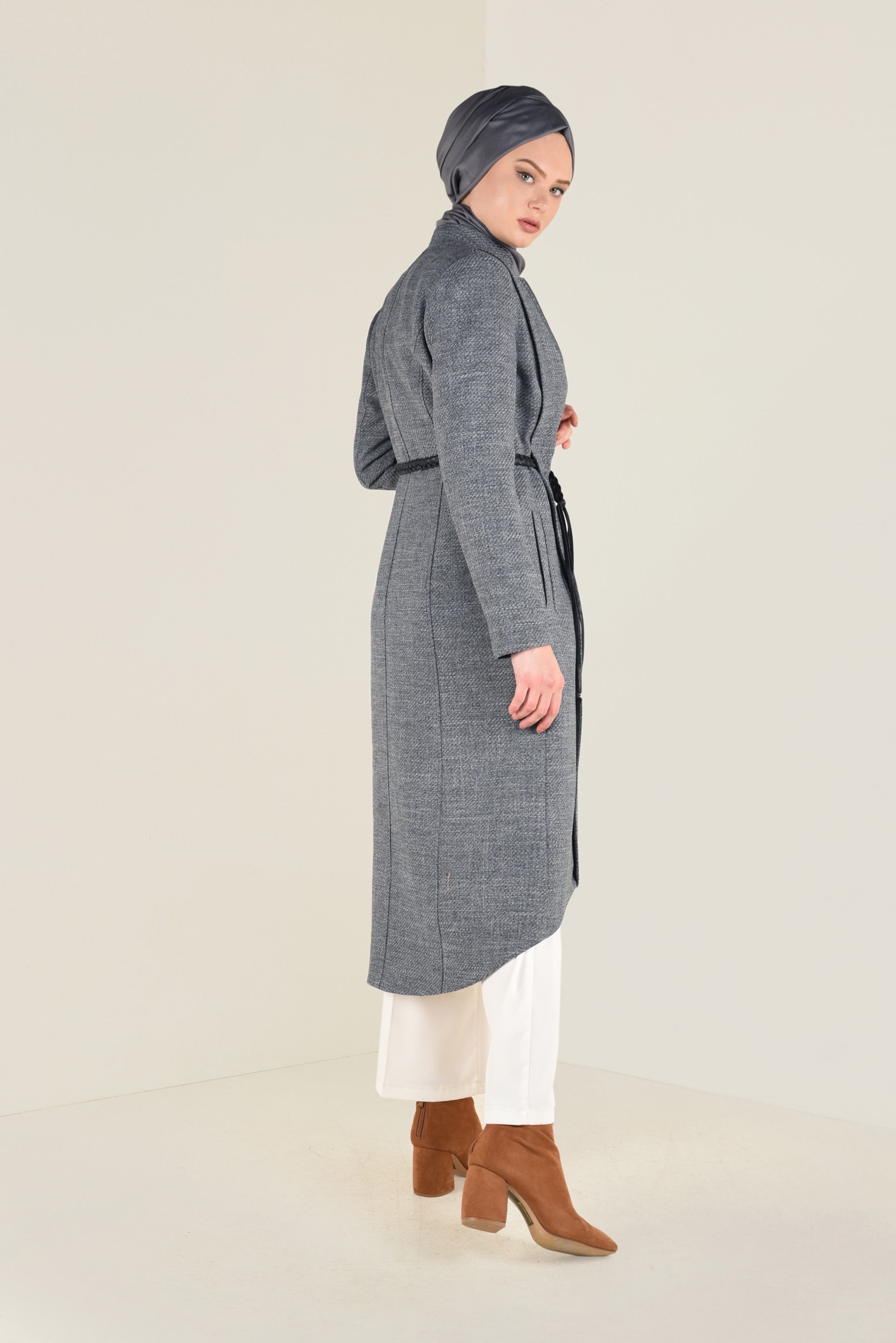 Tesettür giyim SİYAH DERİ KEMERLİ FERMUARLI TRENÇKOT 1339