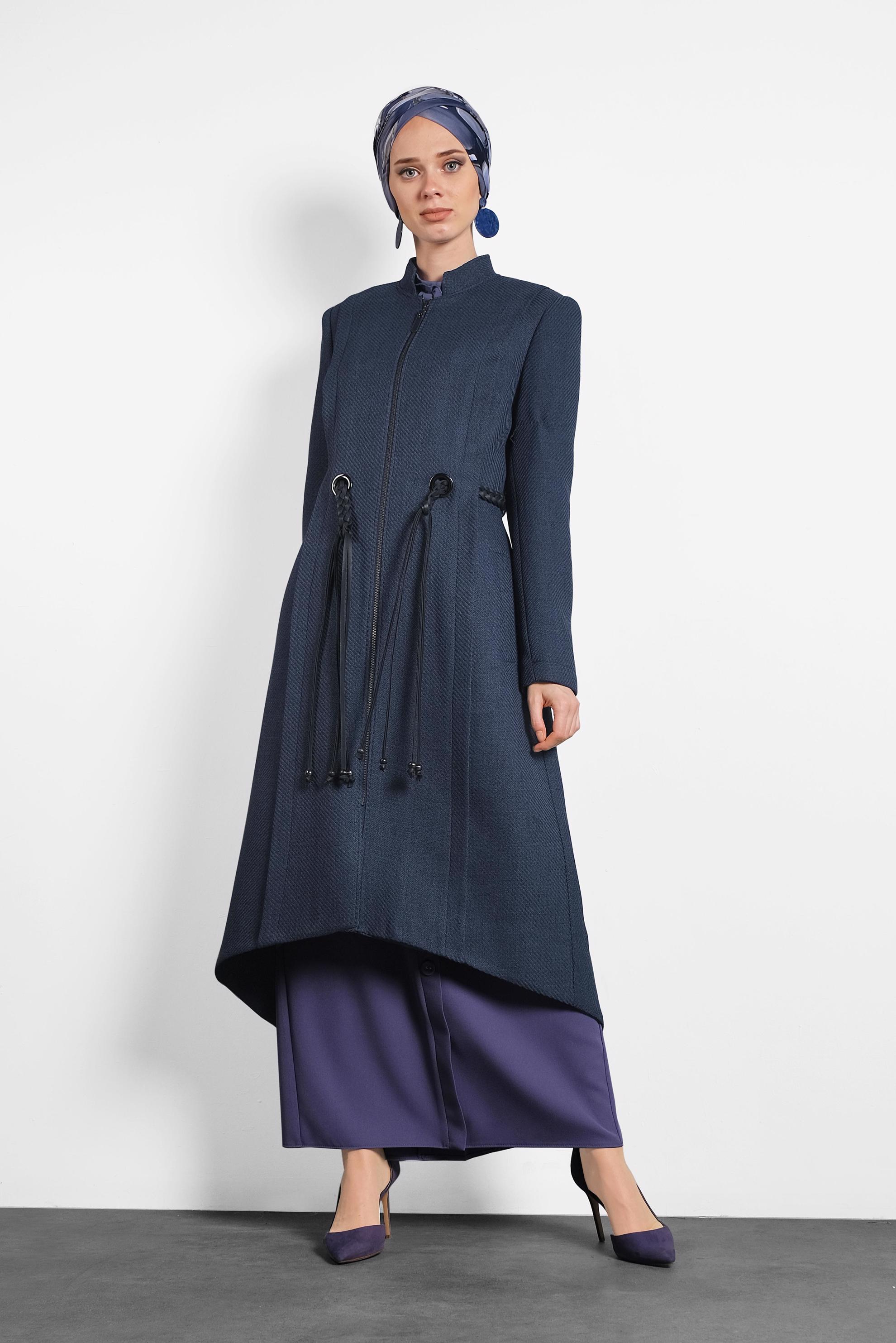 Hijab clothing NAVY BLUE ZIPPED TRENCH-COAT WITH LEATHER BELT 1339 