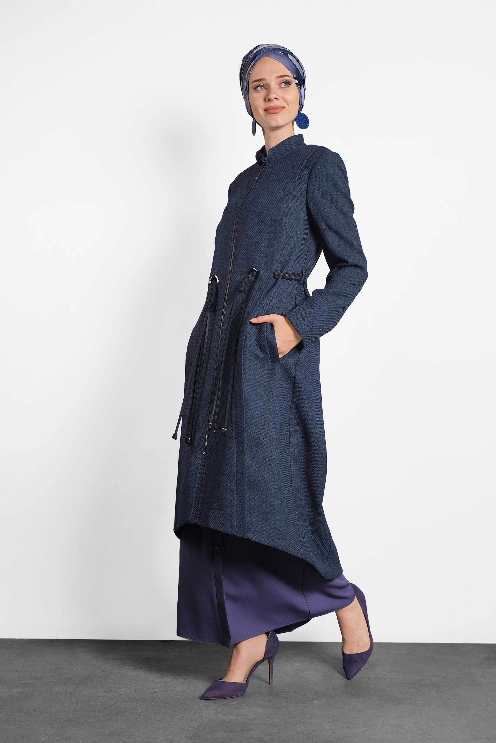 Hijab clothing NAVY BLUE ZIPPED TRENCH-COAT WITH LEATHER BELT 1339 