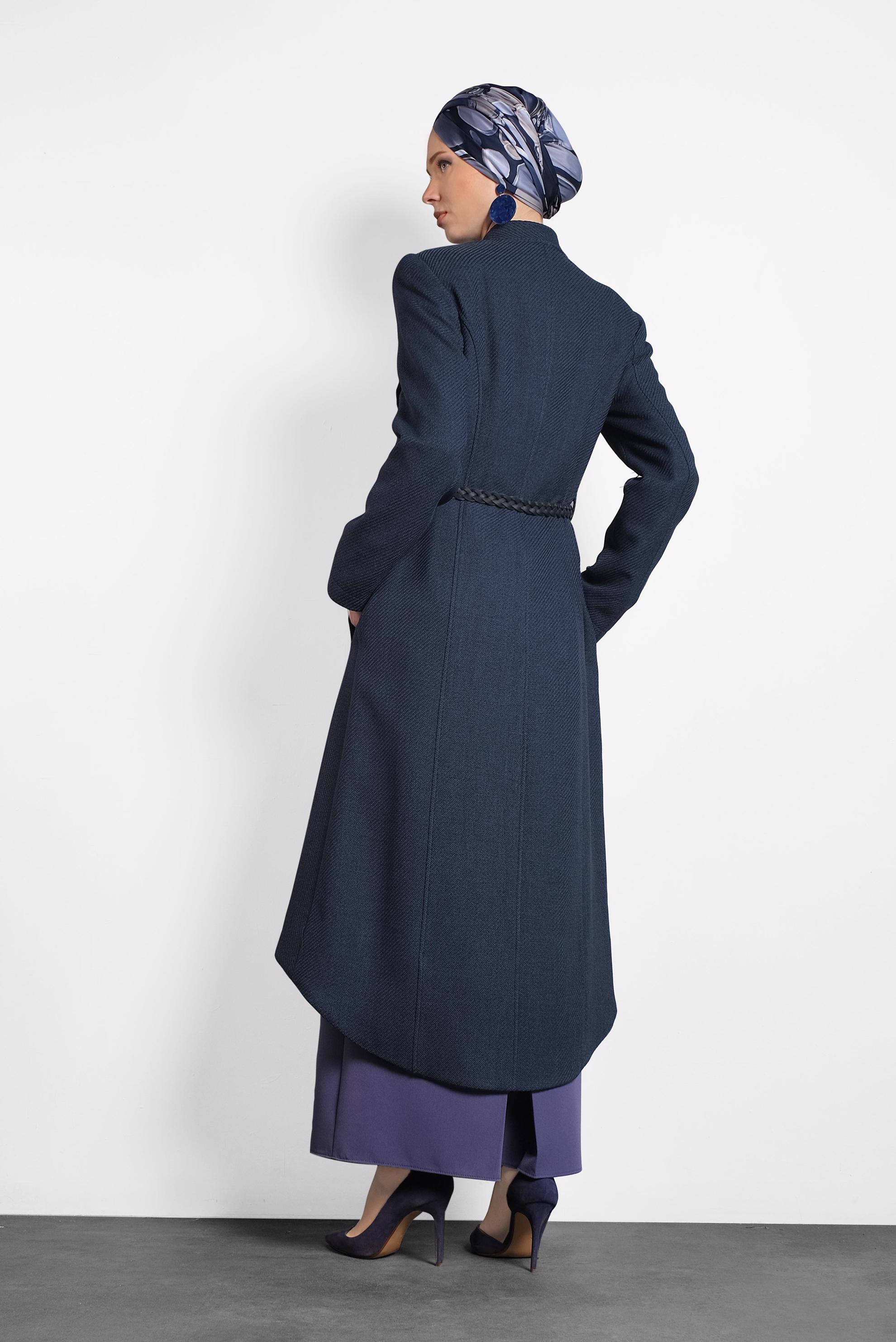 Hijab clothing NAVY BLUE ZIPPED TRENCH-COAT WITH LEATHER BELT 1339 
