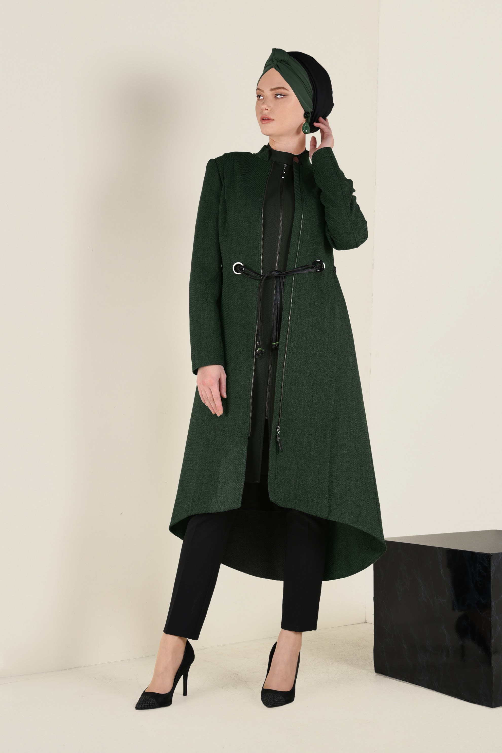 Hijab clothing GREEN ZIPPED TRENCH-COAT WITH LEATHER BELT 1339 