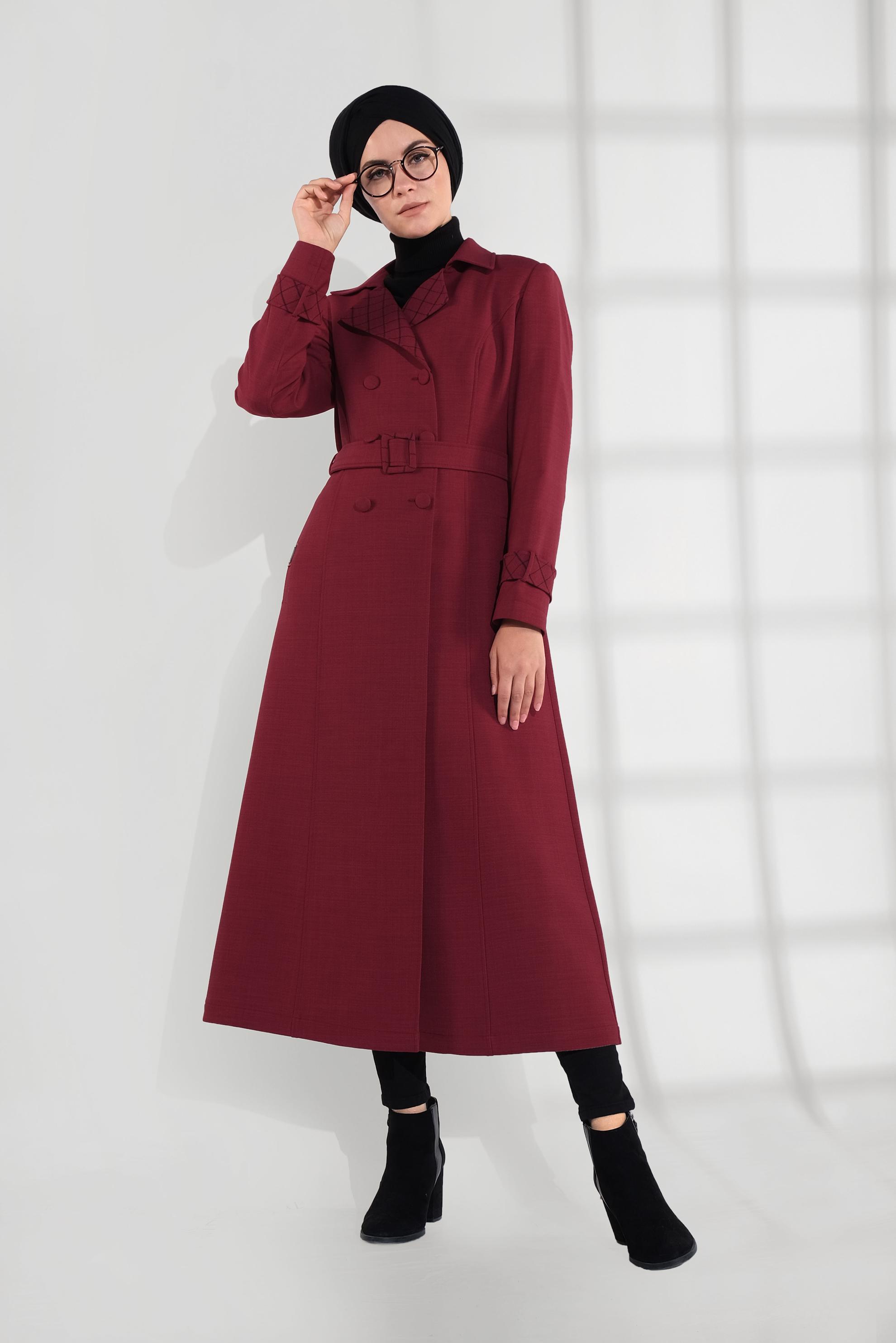 Tesettür giyim KIRMIZI KRUVAZE KEMERLİ TRENÇKOT 1340	