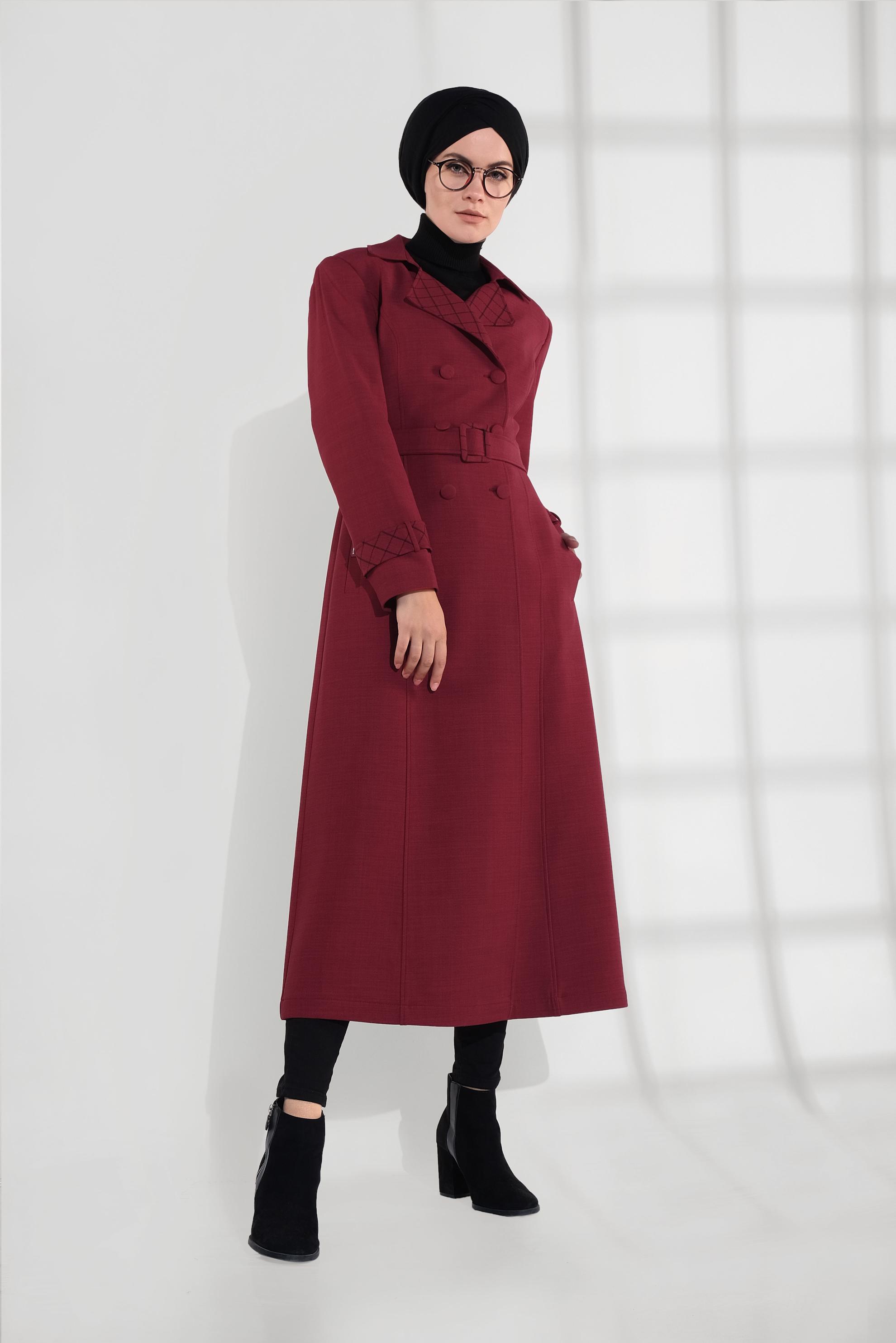 Tesettür giyim KIRMIZI KRUVAZE KEMERLİ TRENÇKOT 1340	