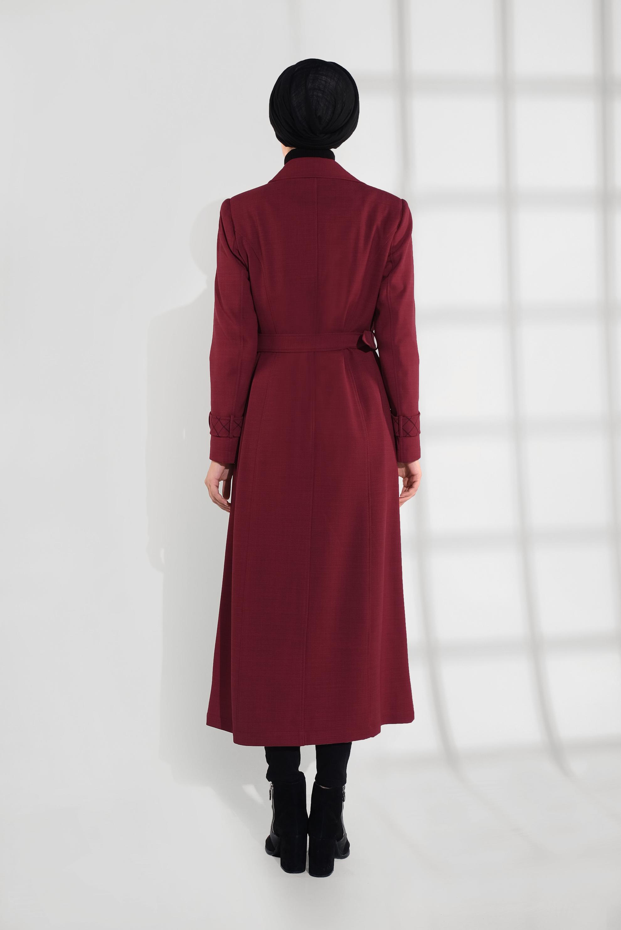 Tesettür giyim KIRMIZI KRUVAZE KEMERLİ TRENÇKOT 1340	