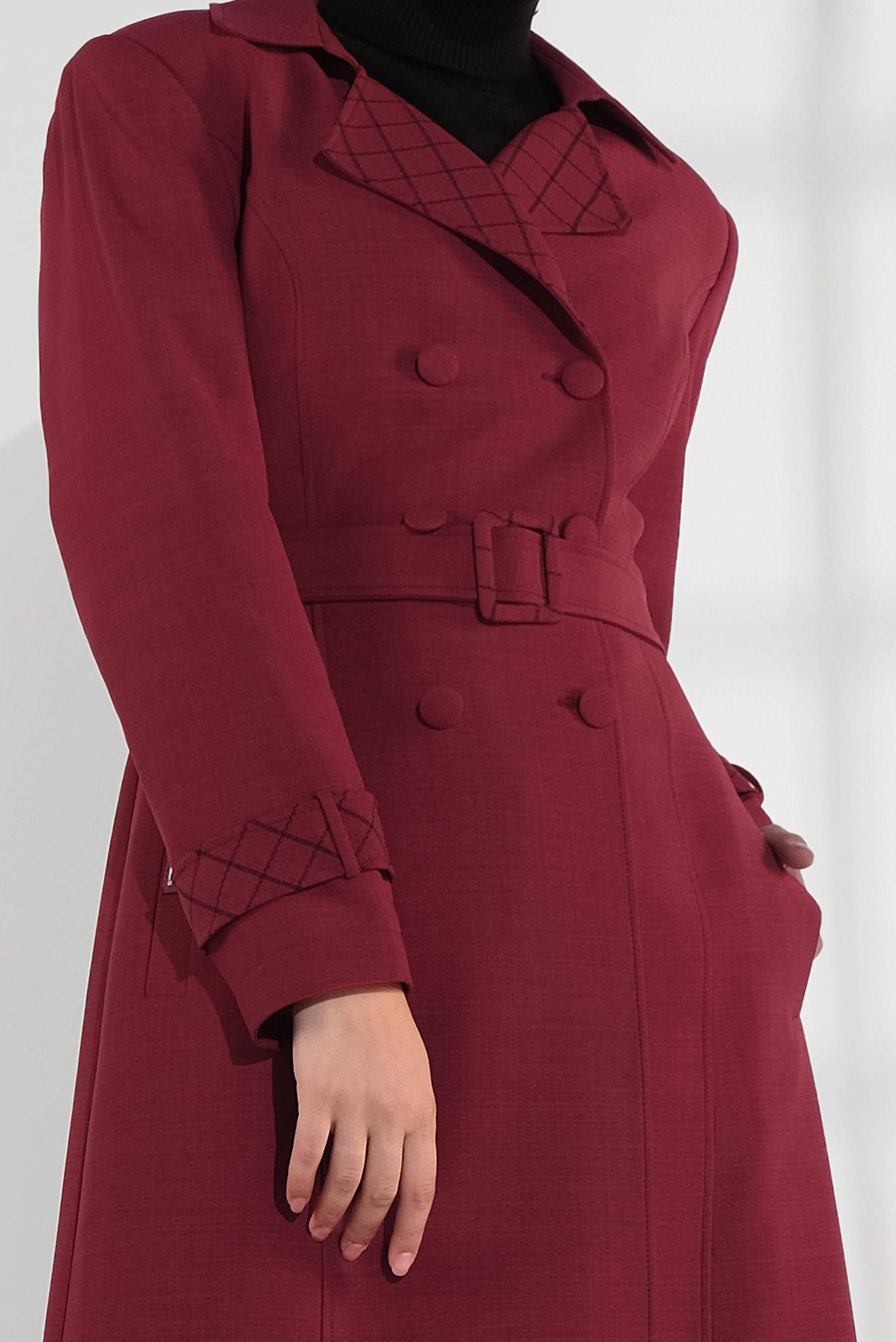 Tesettür giyim KIRMIZI KRUVAZE KEMERLİ TRENÇKOT 1340	