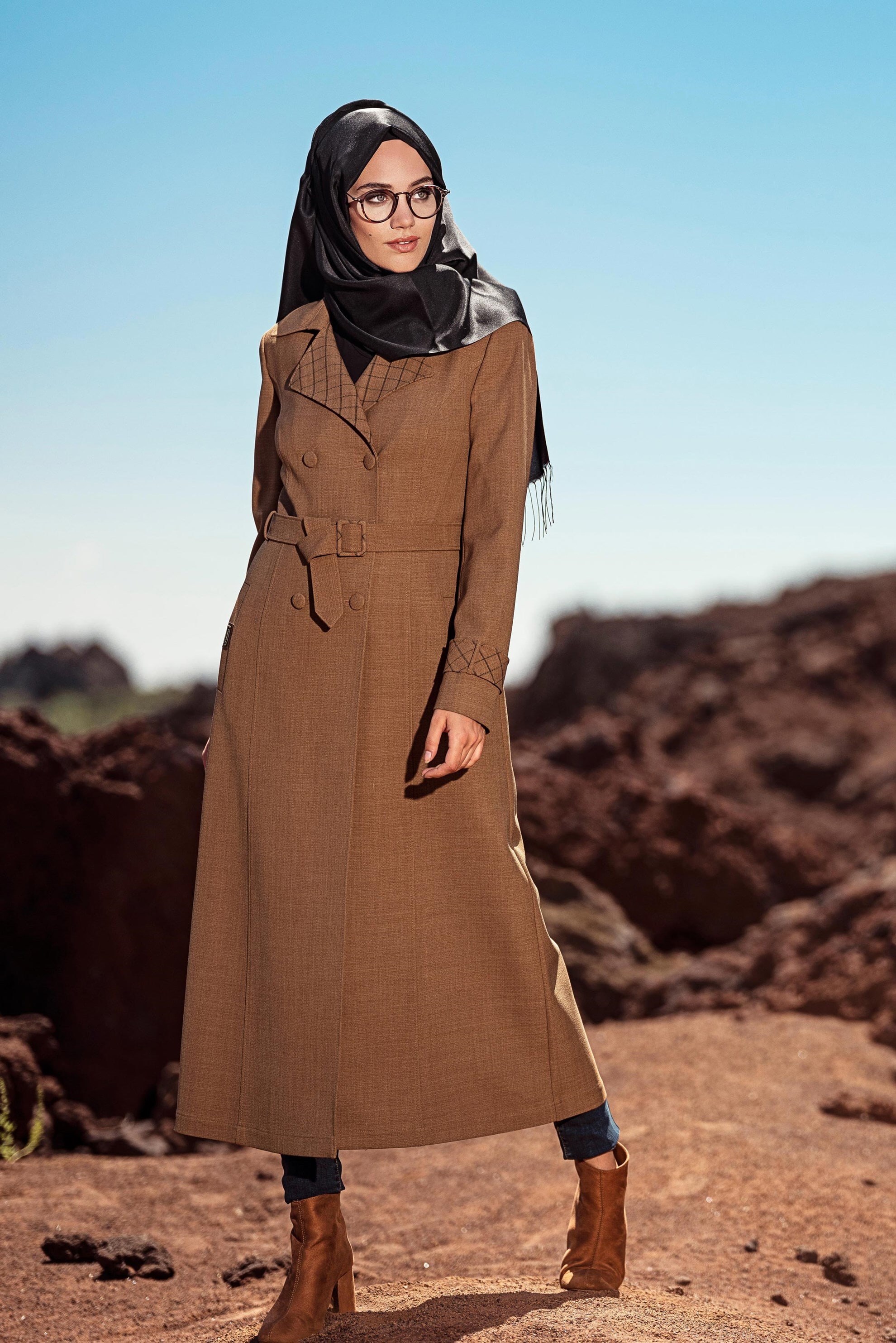 Tesettür giyim KAHVE KRUVAZE KEMERLİ TRENÇKOT 1340	