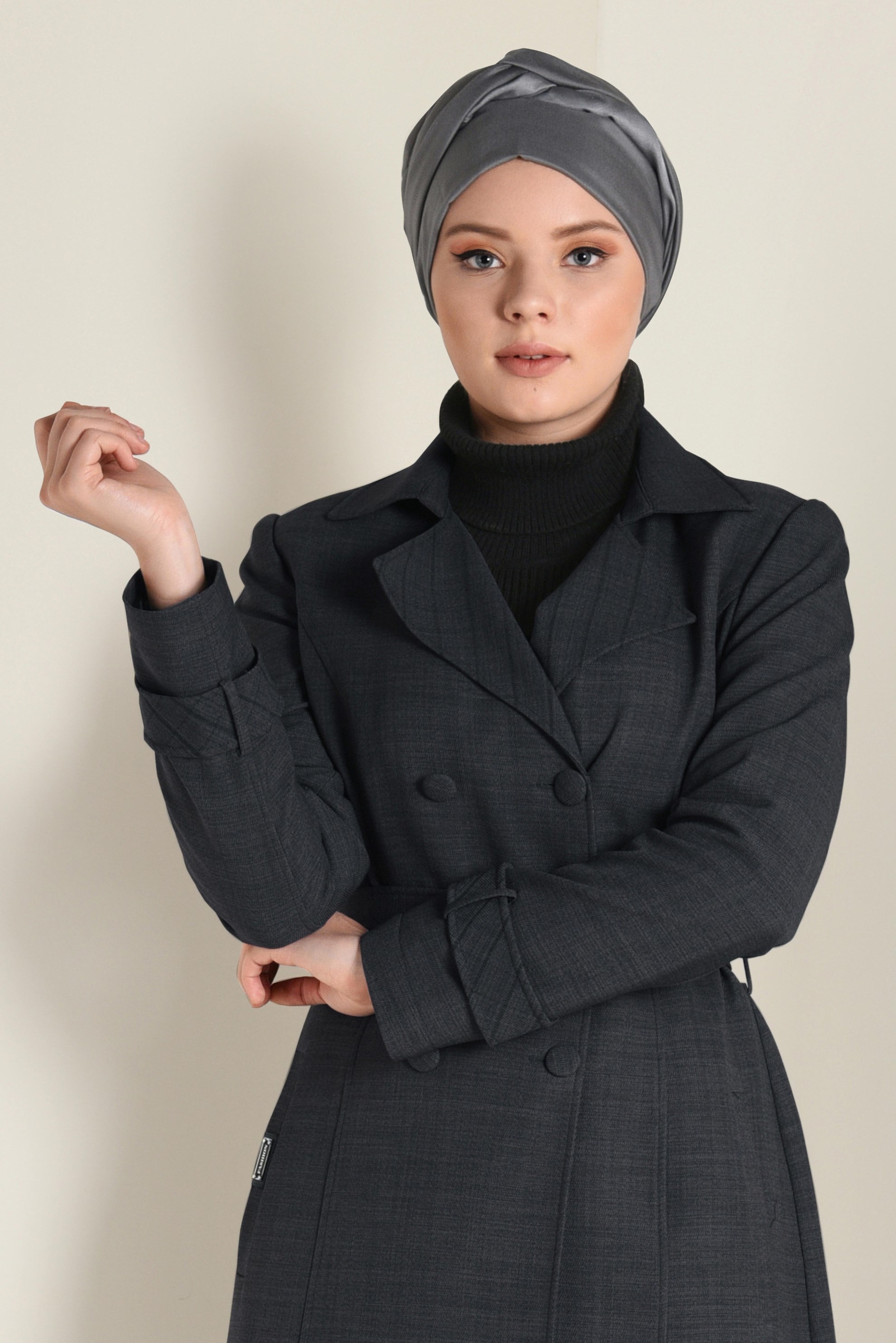 Hijab clothing GREY DOUBLE BREASTED BELTED TRENCH-COAT 1340