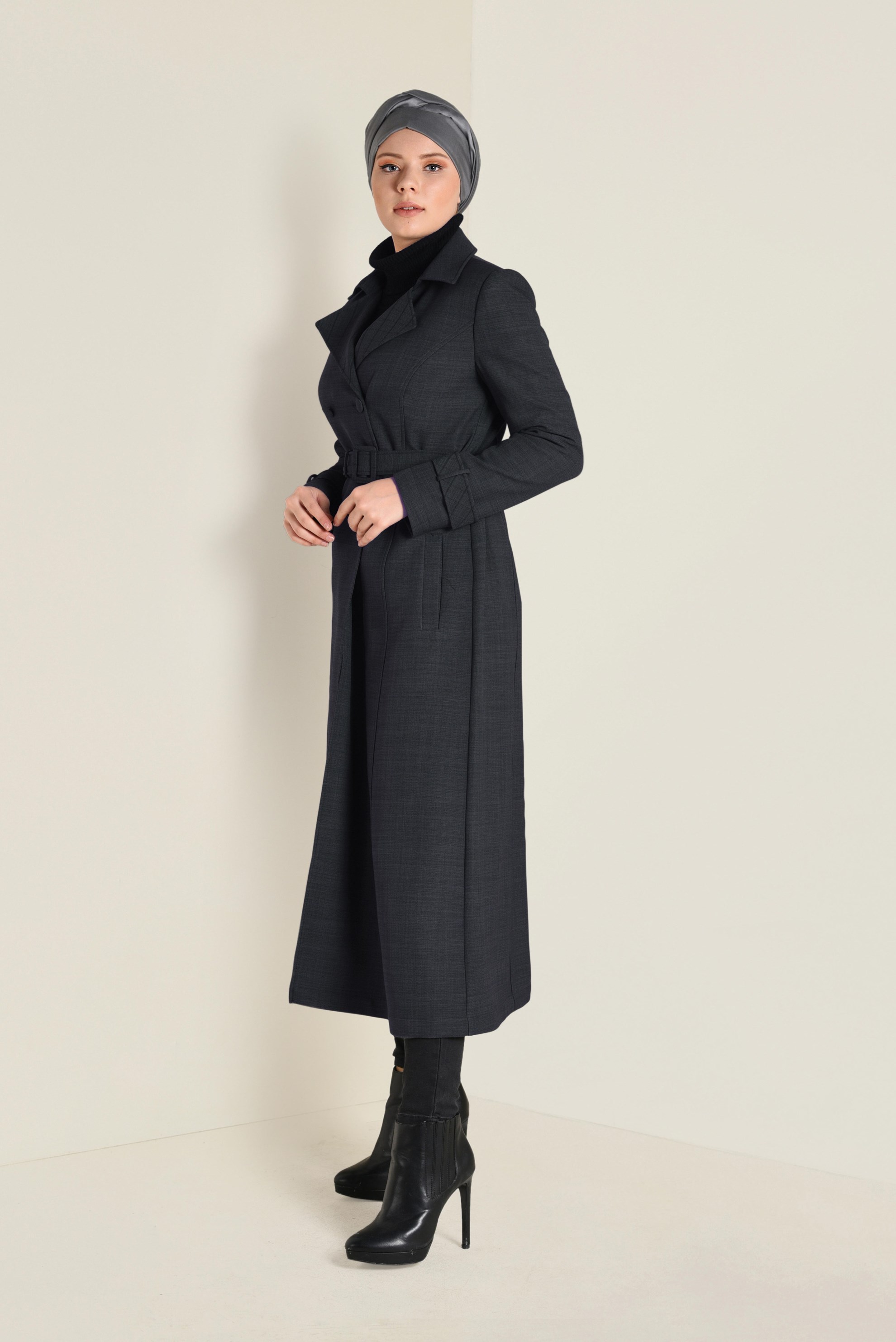 Hijab clothing GREY DOUBLE BREASTED BELTED TRENCH-COAT 1340