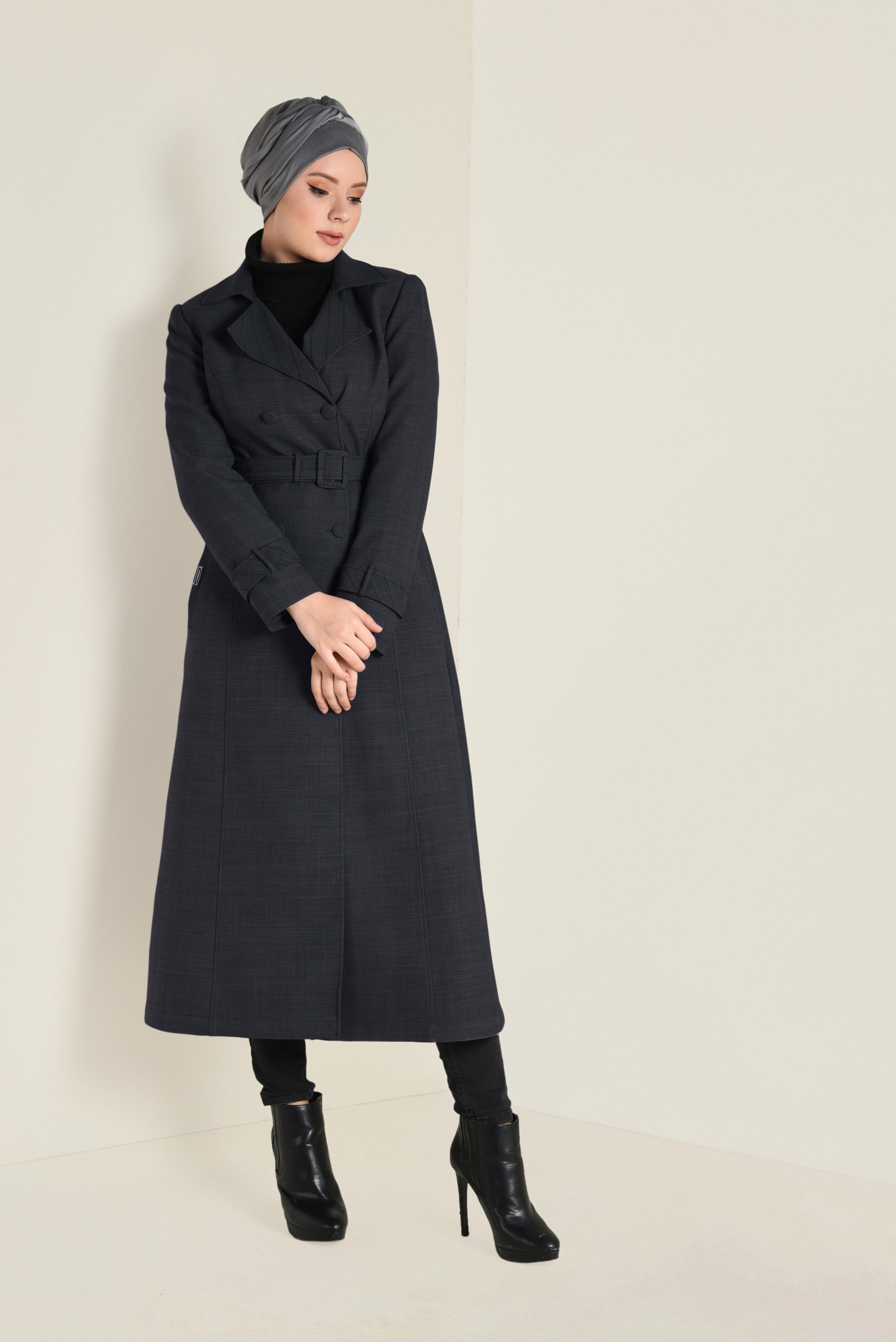 Hijab clothing GREY DOUBLE BREASTED BELTED TRENCH-COAT 1340