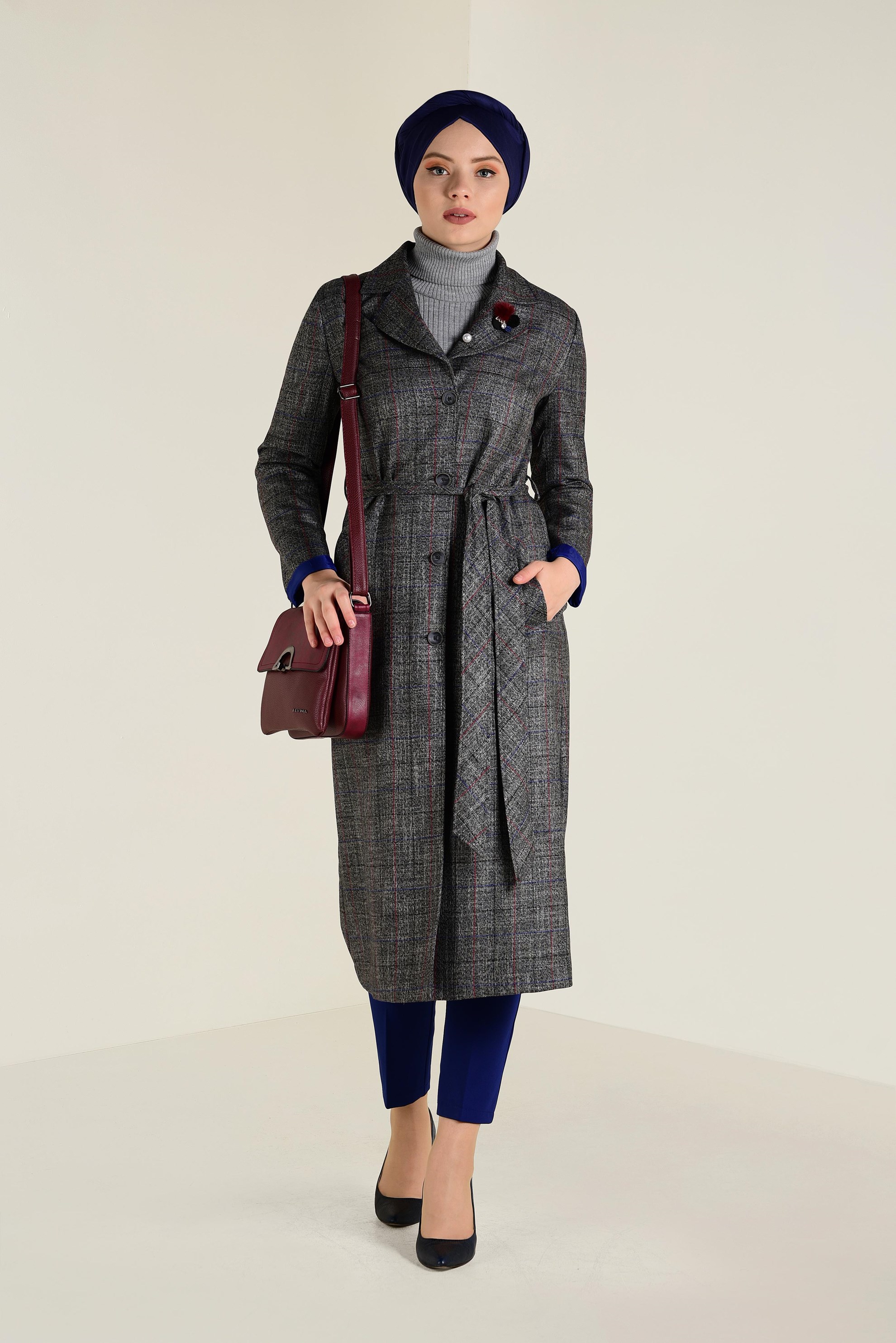 Tesettür giyim SİYAH EKOSE DESENLİ TRENÇKOT 1346