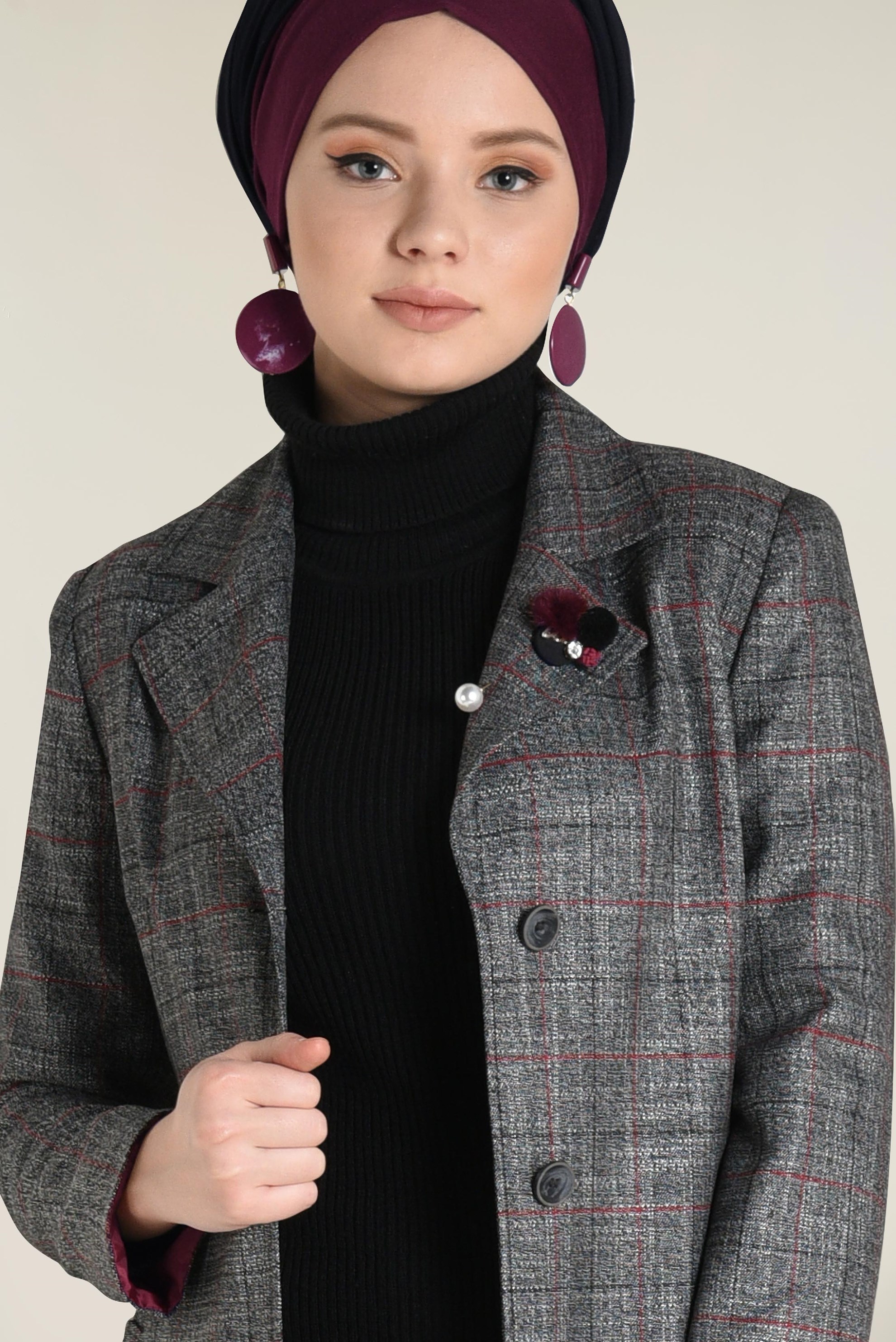 Tesettür giyim SİYAH EKOSE DESENLİ TRENÇKOT 1346