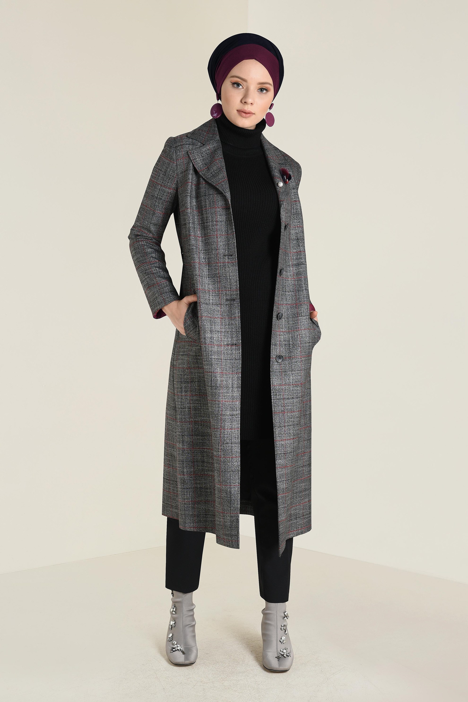 Tesettür giyim SİYAH EKOSE DESENLİ TRENÇKOT 1346