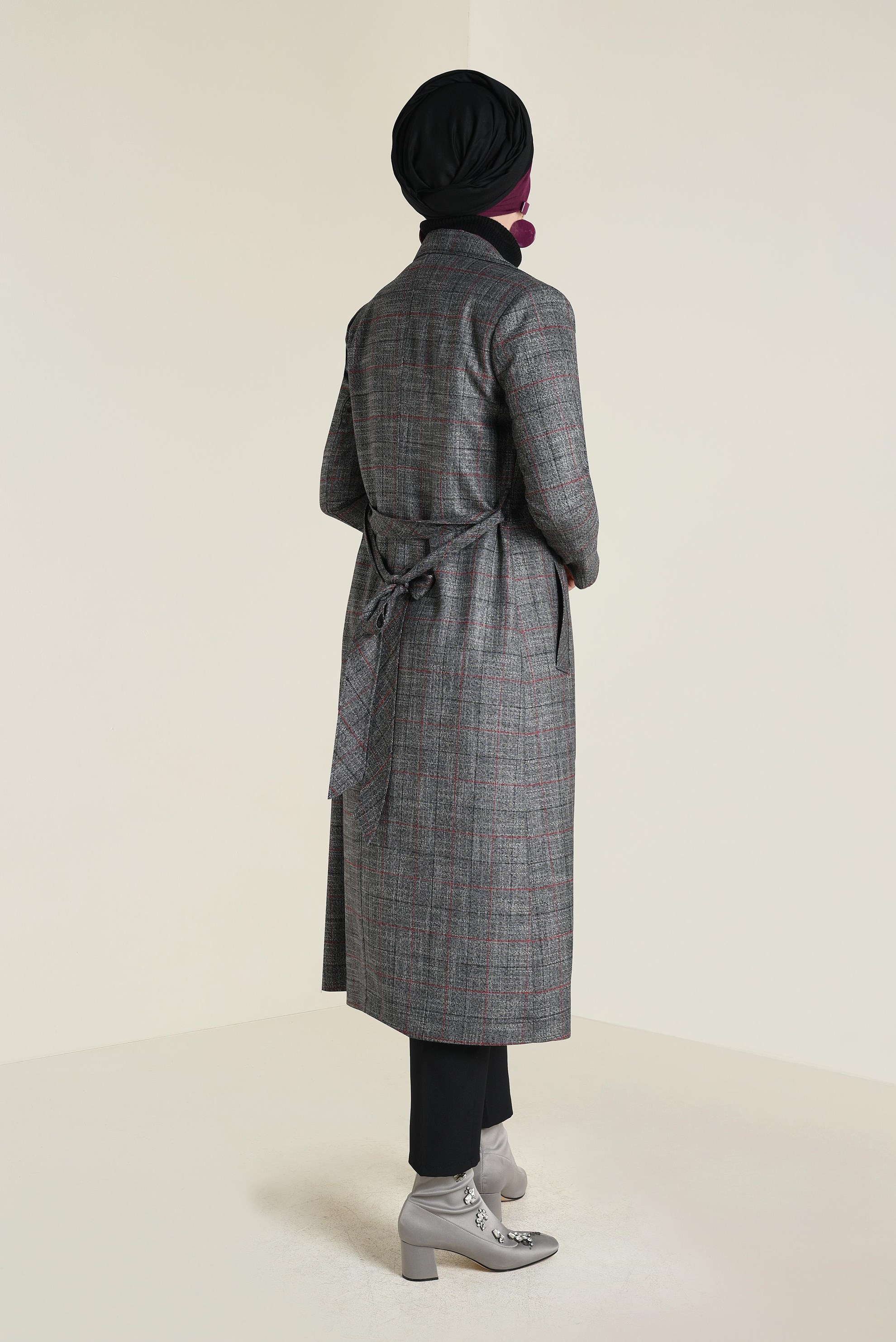 Tesettür giyim SİYAH EKOSE DESENLİ TRENÇKOT 1346