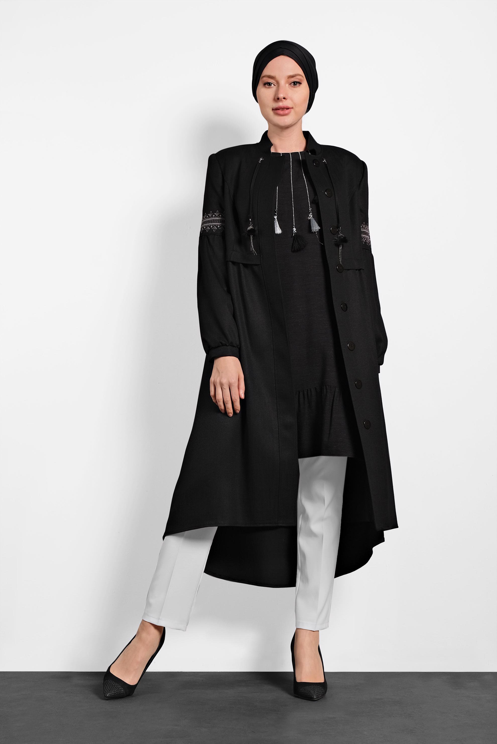 Hijab clothing BLACK BUTTONED EMBROIDERED TRENCH-COAT 1350