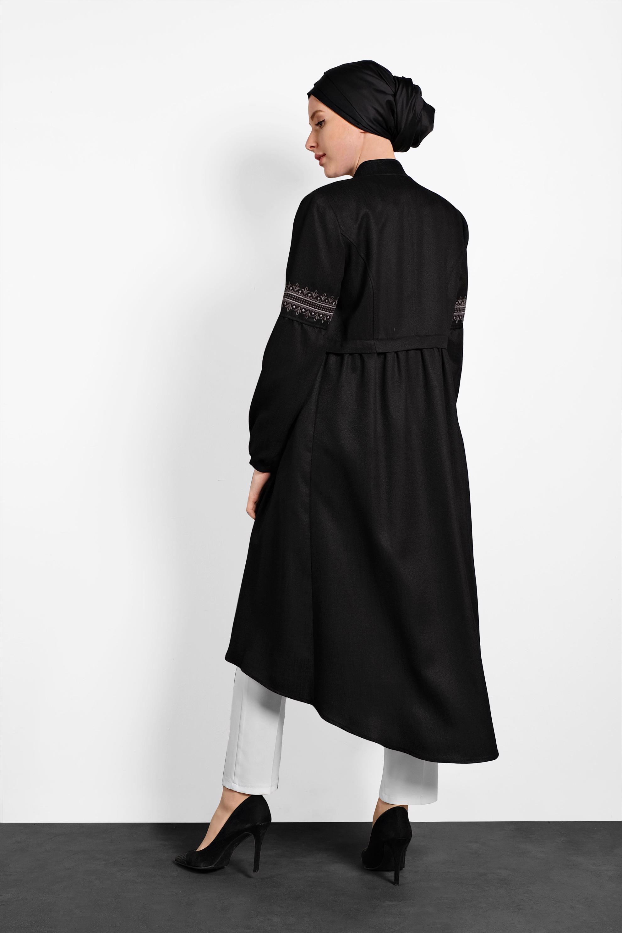 Hijab clothing BLACK BUTTONED EMBROIDERED TRENCH-COAT 1350
