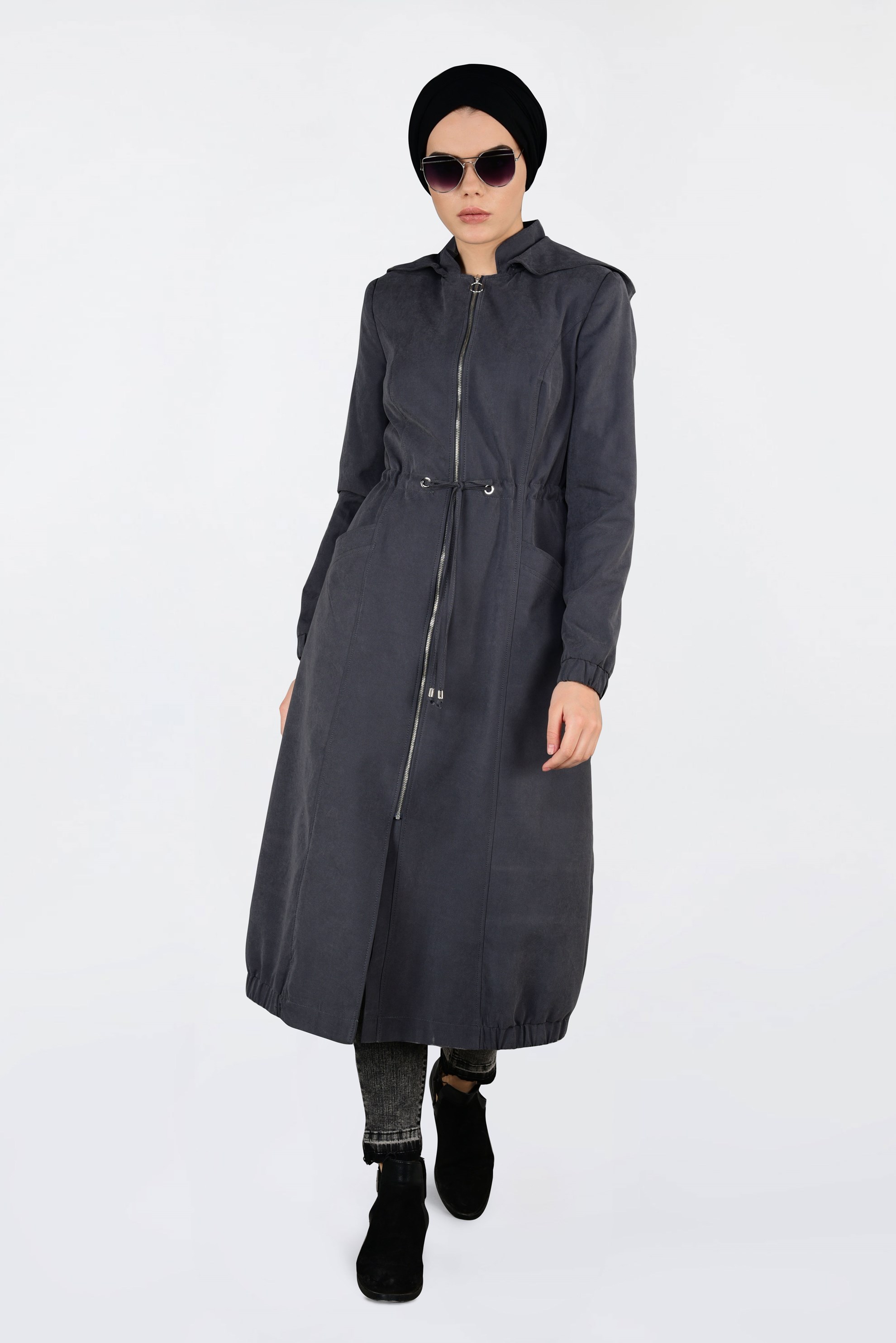 Tesettür giyim GRİ KAPÜŞONLU TRENÇKOT 1357