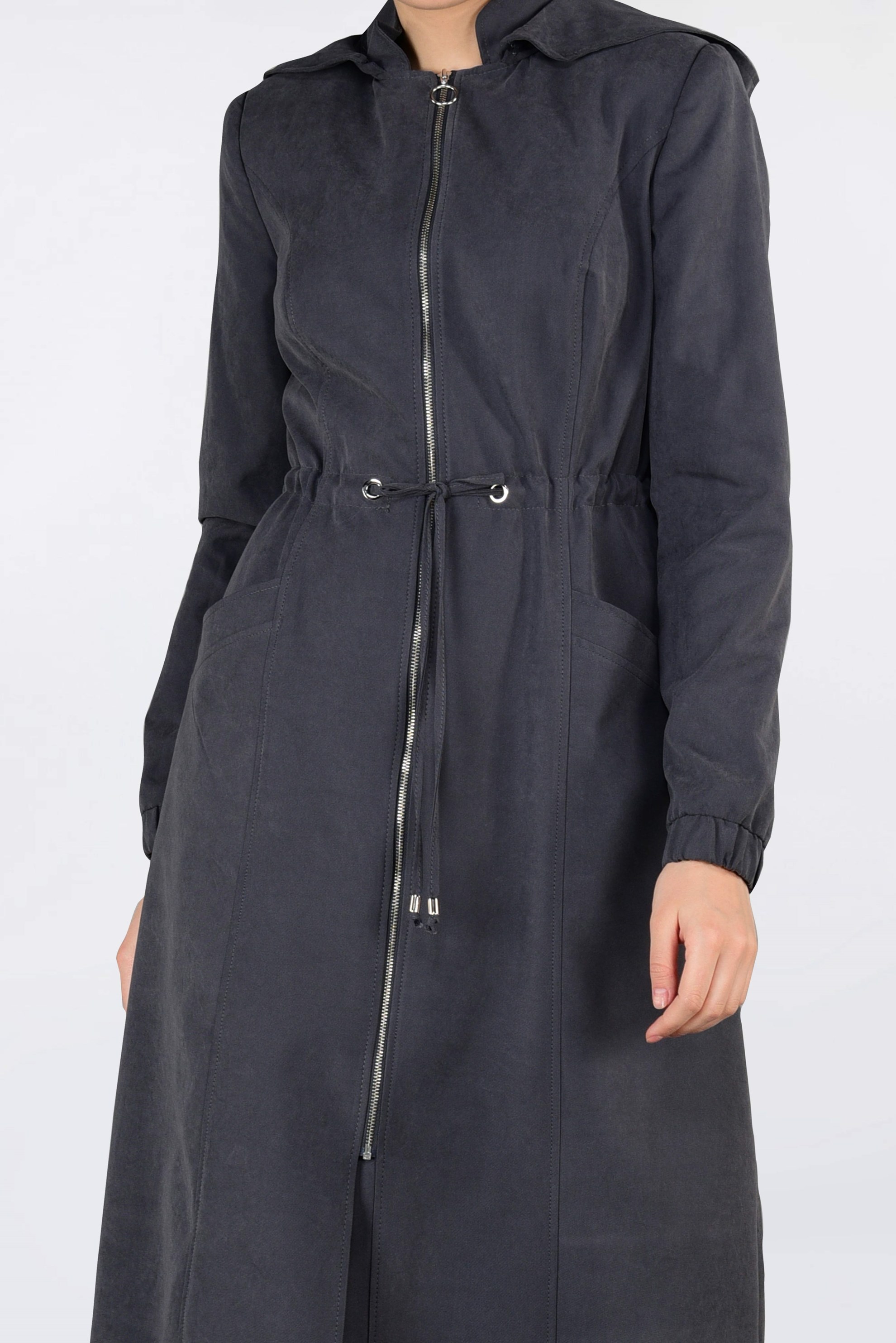 Tesettür giyim GRİ KAPÜŞONLU TRENÇKOT 1357