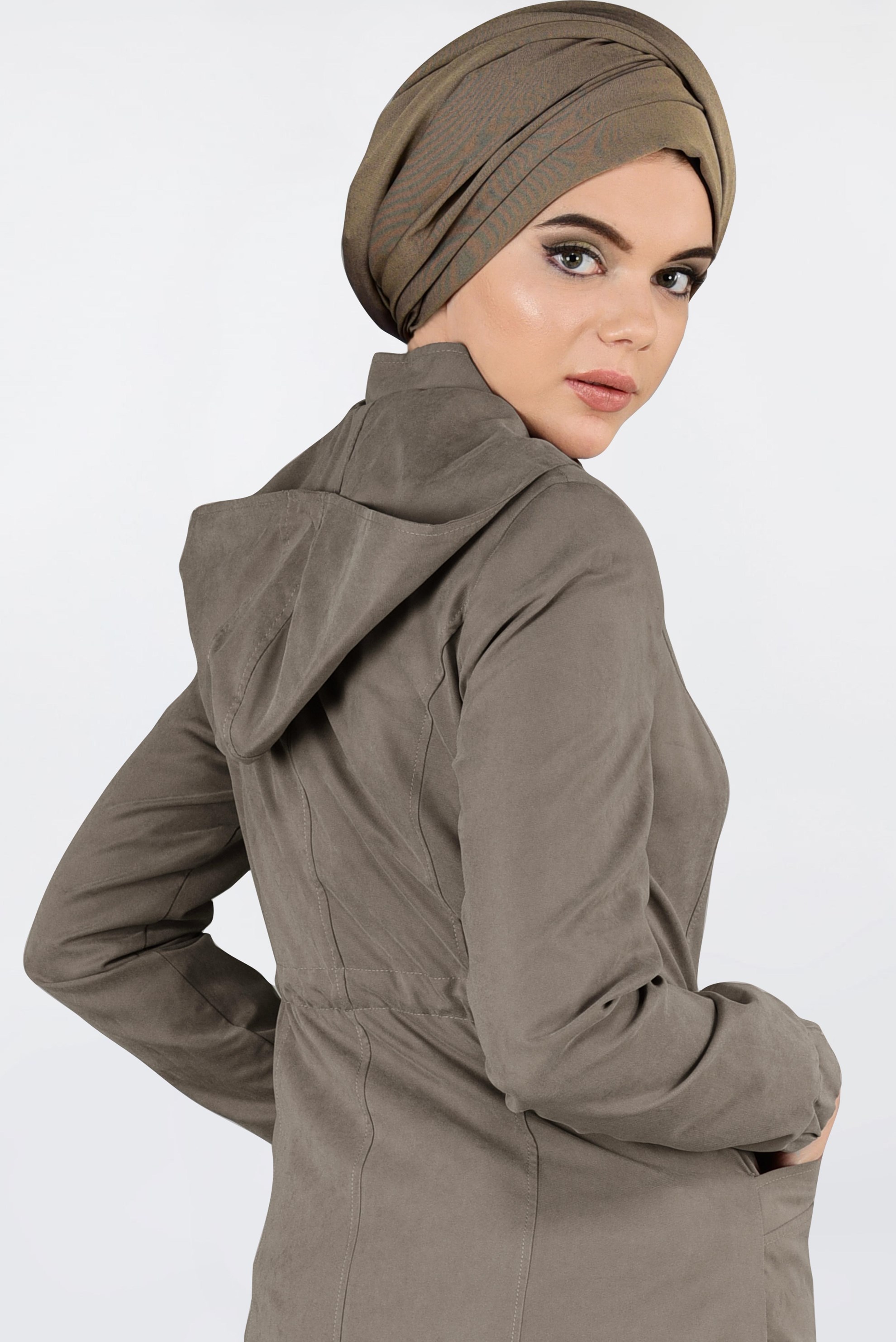 Tesettür giyim KAHVE KAPÜŞONLU TRENÇKOT 1357