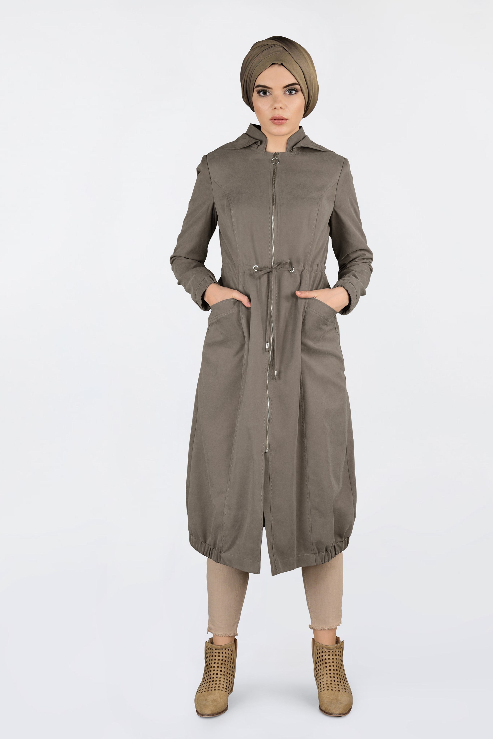Tesettür giyim KAHVE KAPÜŞONLU TRENÇKOT 1357