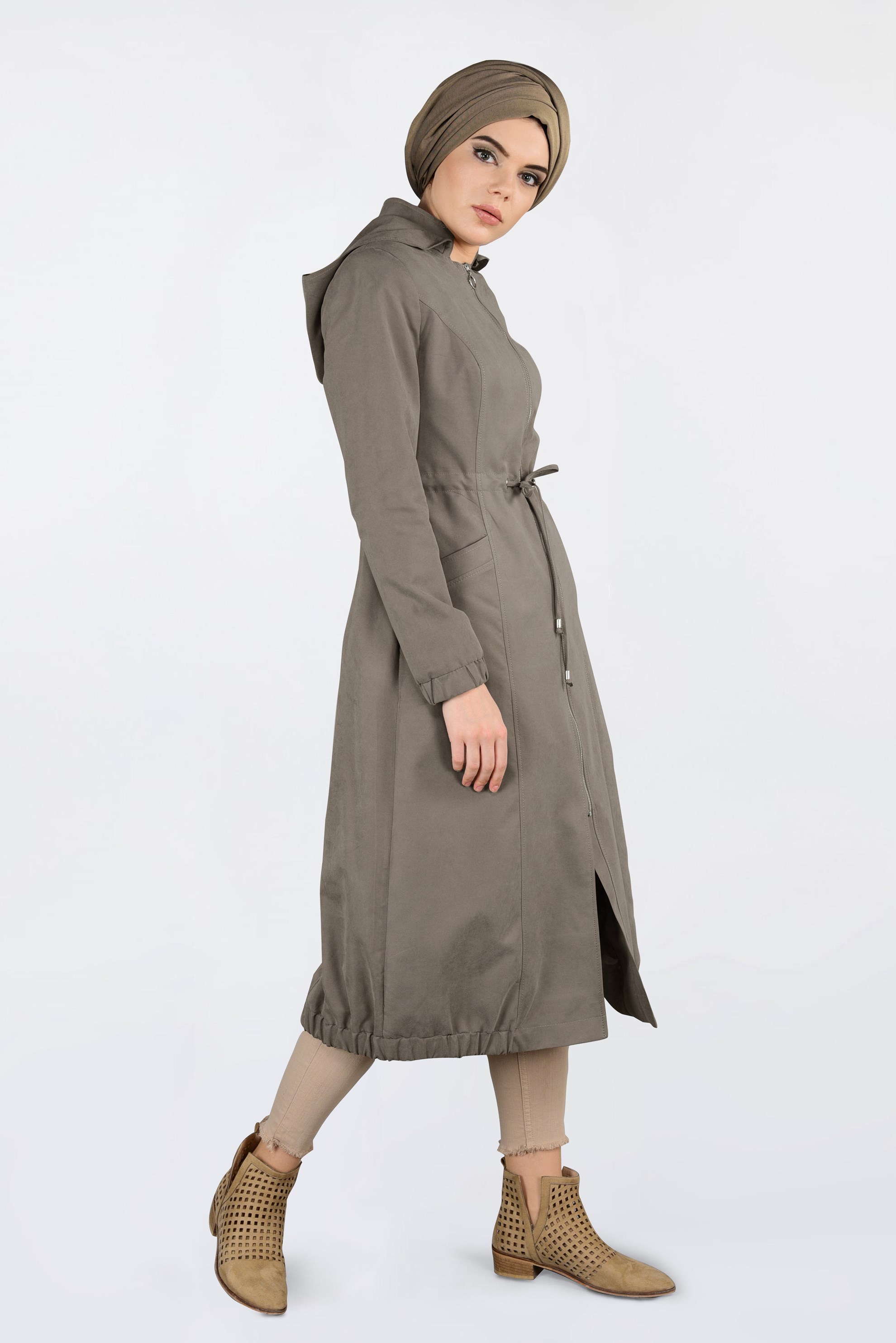 Tesettür giyim KAHVE KAPÜŞONLU TRENÇKOT 1357
