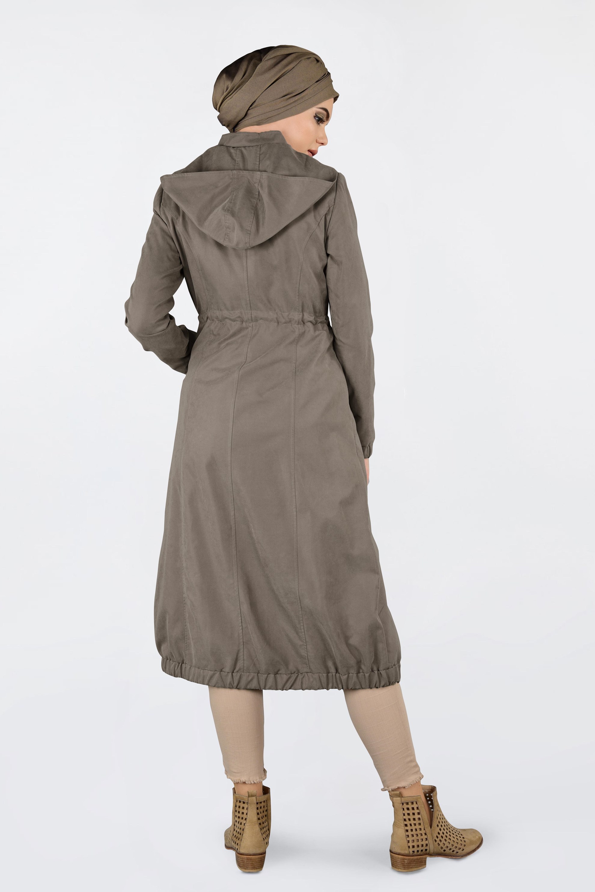 Tesettür giyim KAHVE KAPÜŞONLU TRENÇKOT 1357