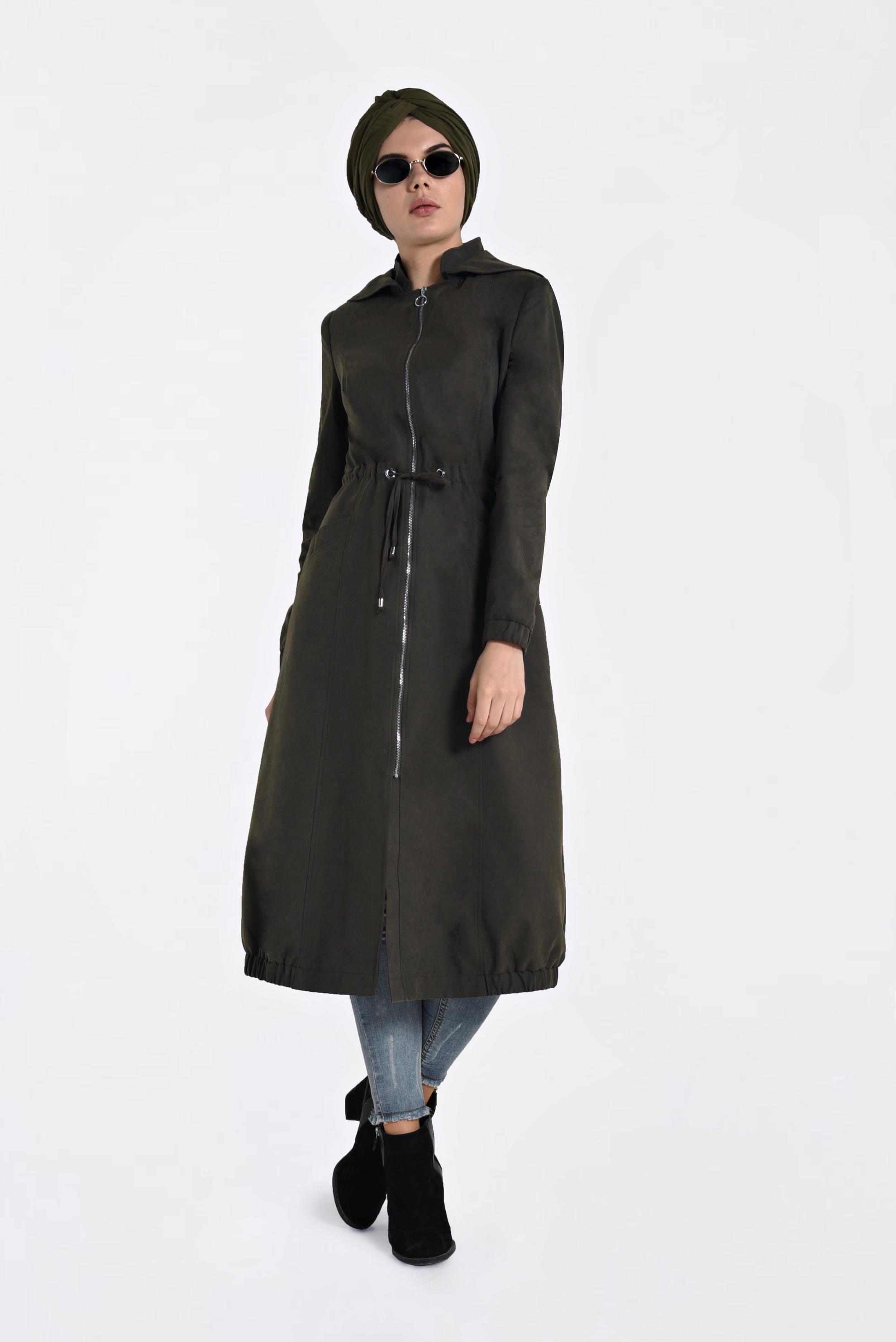 Tesettür giyim HAKİ KAPÜŞONLU TRENÇKOT 1357