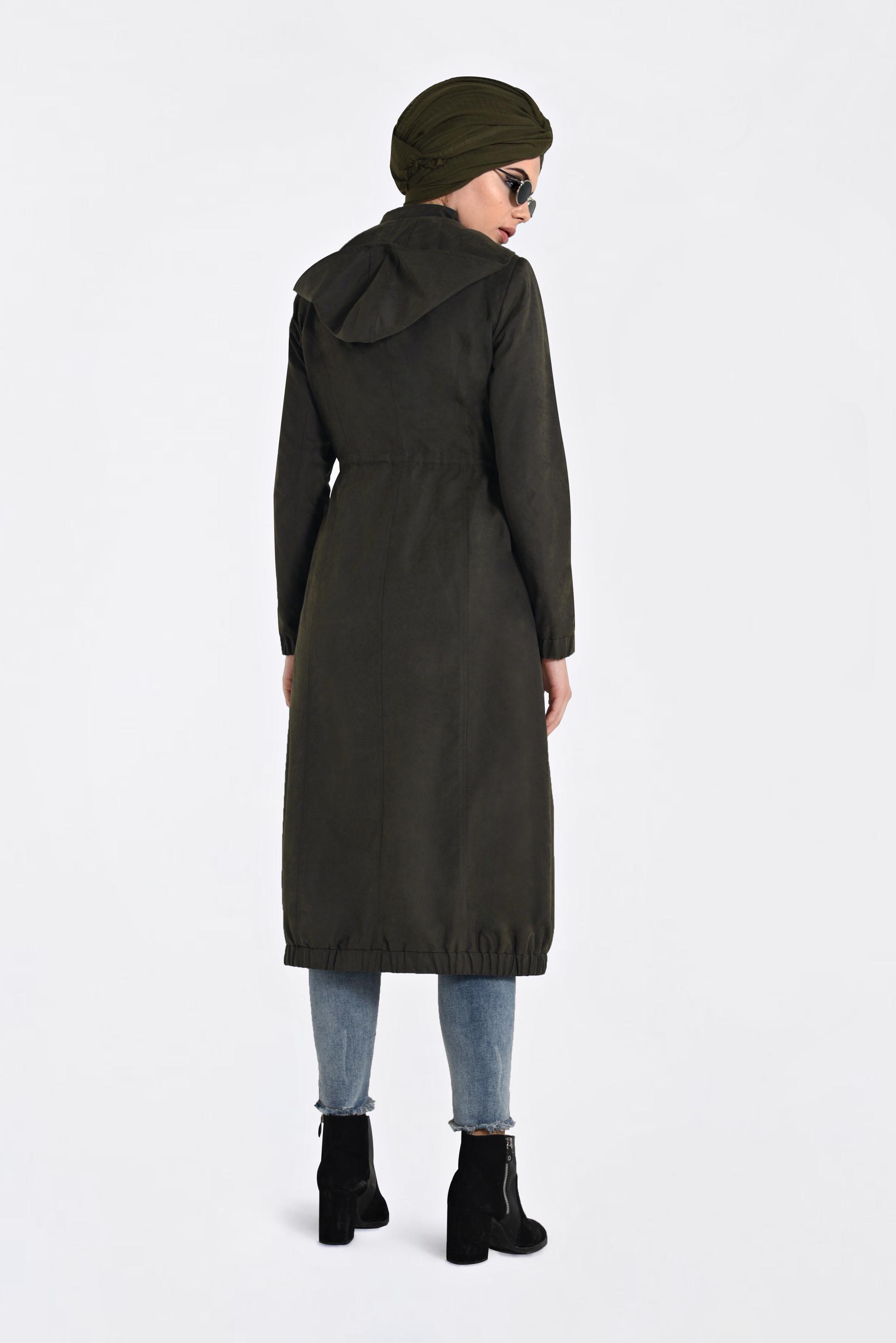 Tesettür giyim HAKİ KAPÜŞONLU TRENÇKOT 1357