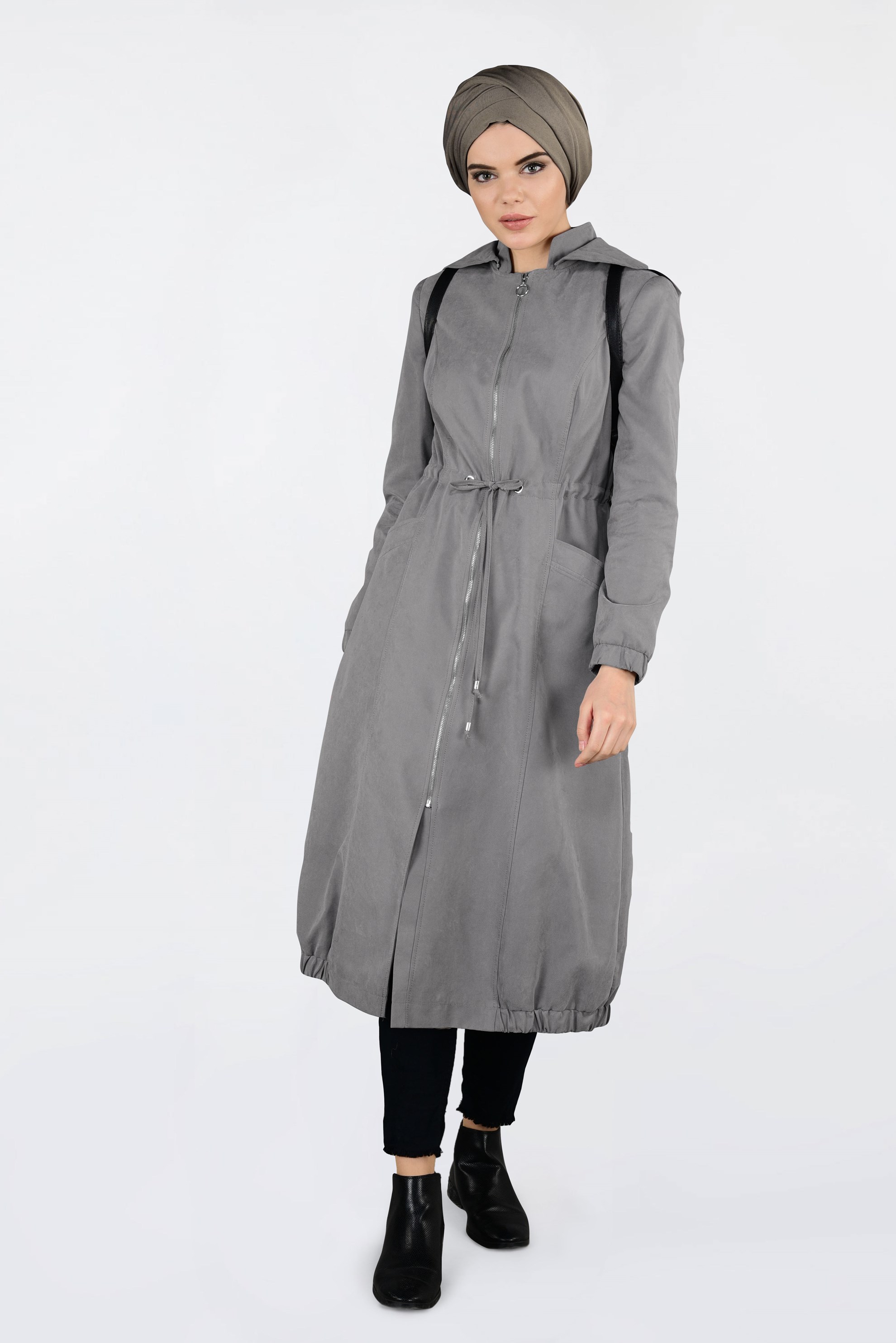 Tesettür giyim VİZON KAPÜŞONLU TRENÇKOT 1357
