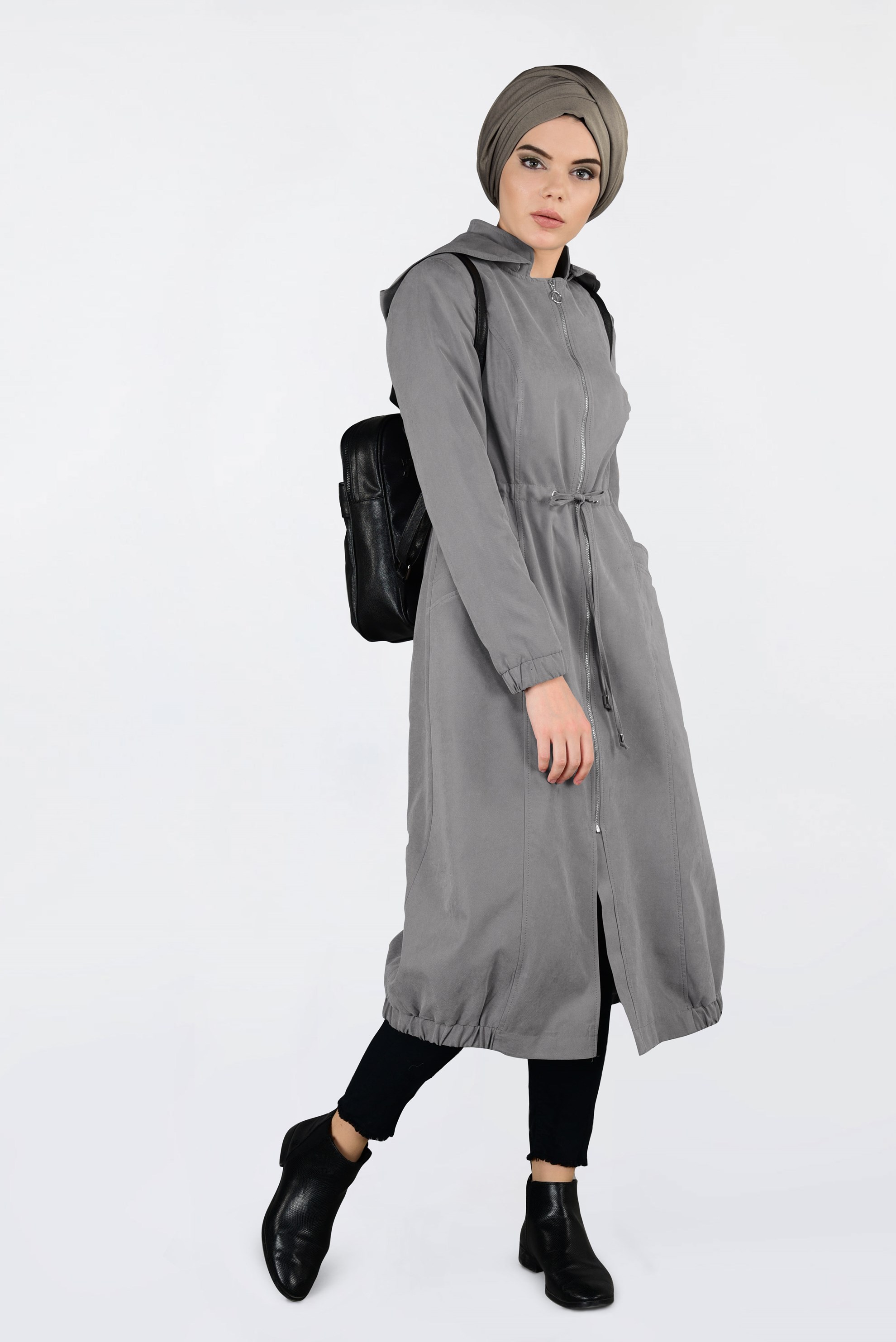 Tesettür giyim VİZON KAPÜŞONLU TRENÇKOT 1357