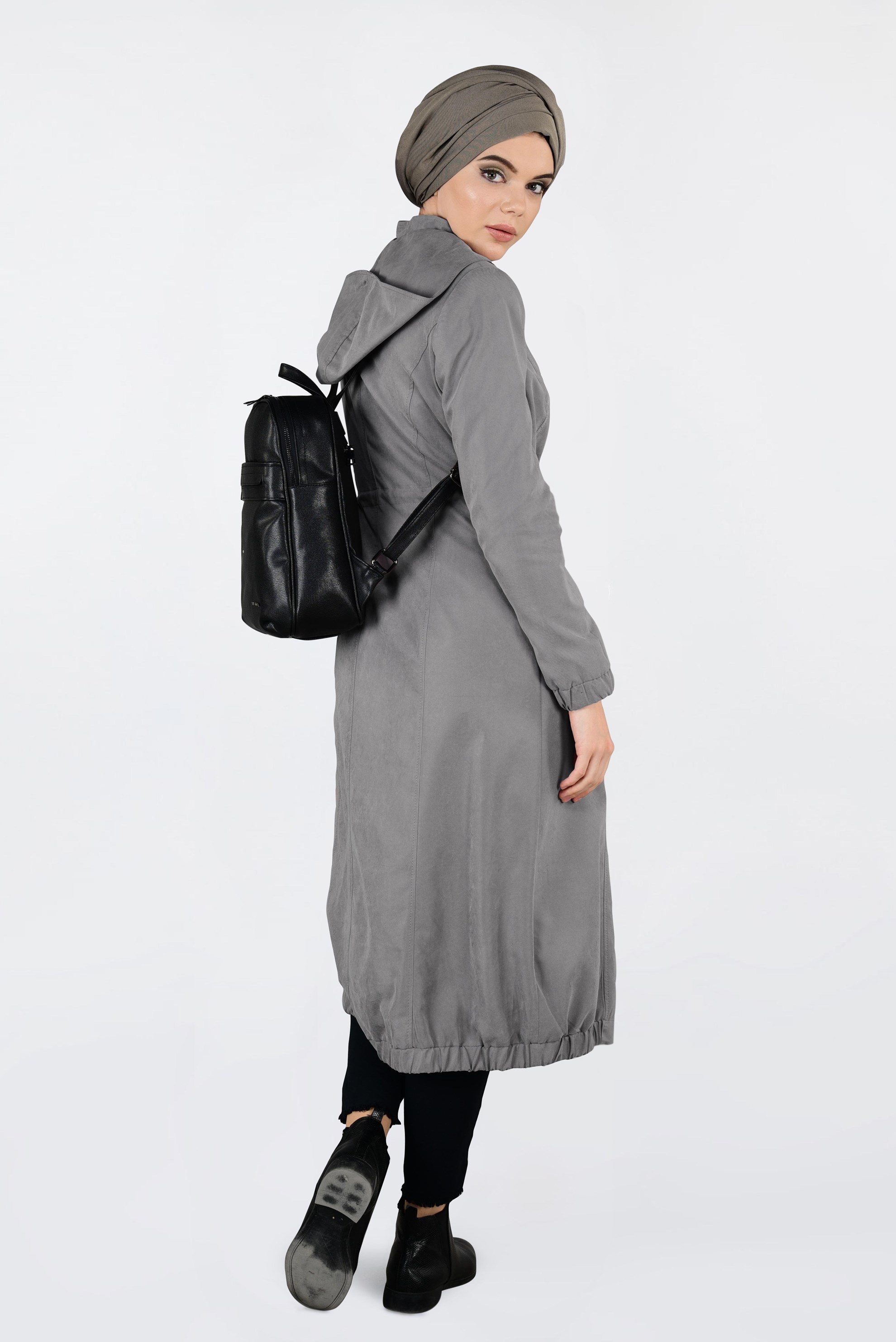 Tesettür giyim VİZON KAPÜŞONLU TRENÇKOT 1357