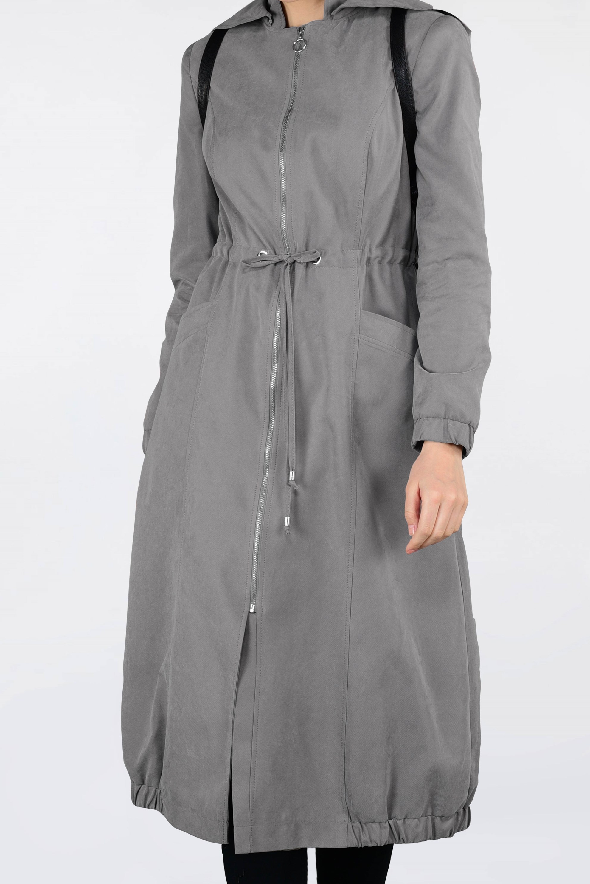 Tesettür giyim VİZON KAPÜŞONLU TRENÇKOT 1357