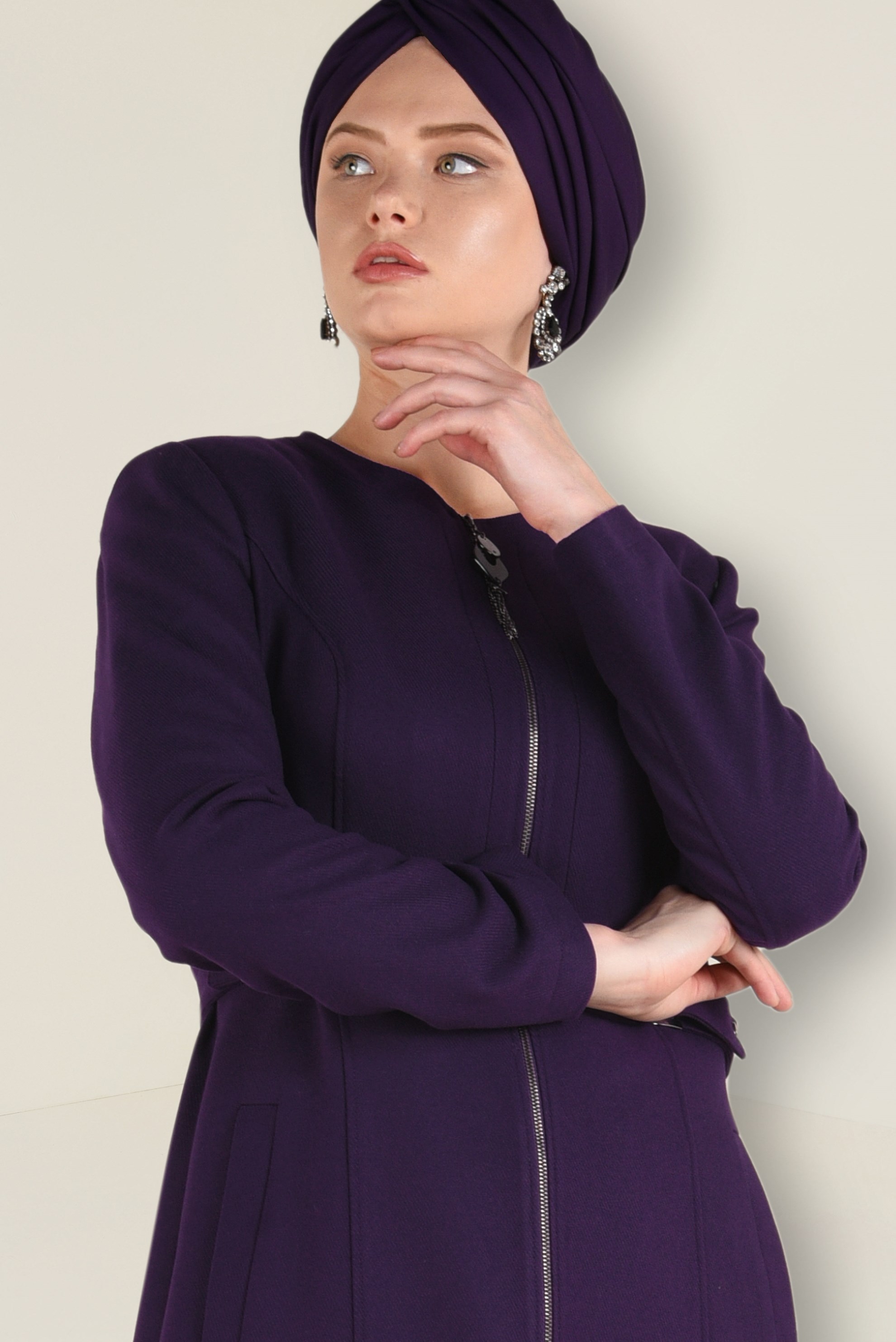 Tesettür giyim MOR CEPLİ FERMUARLI TRENÇKOT 1359