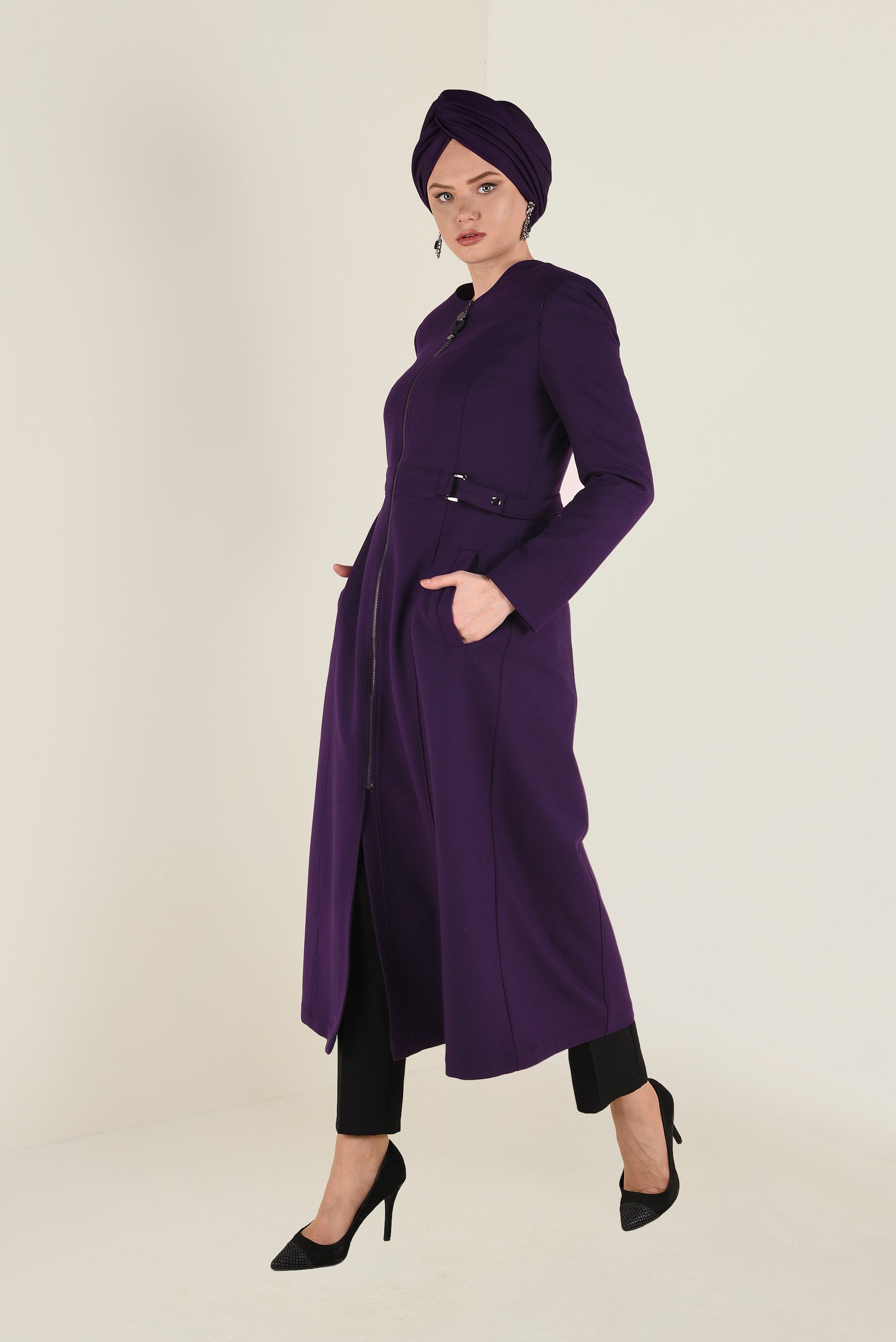 Tesettür giyim MOR CEPLİ FERMUARLI TRENÇKOT 1359