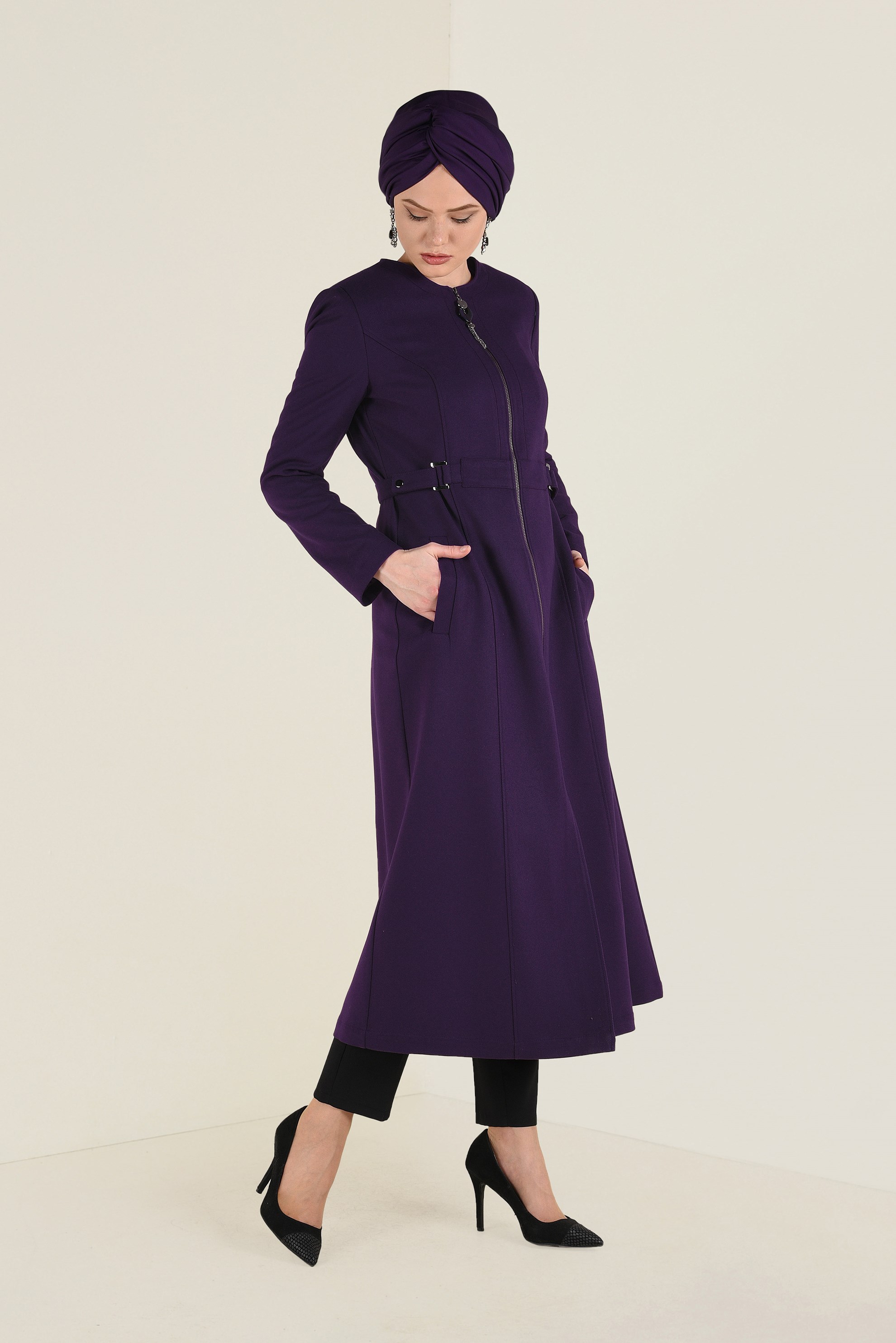 Tesettür giyim MOR CEPLİ FERMUARLI TRENÇKOT 1359