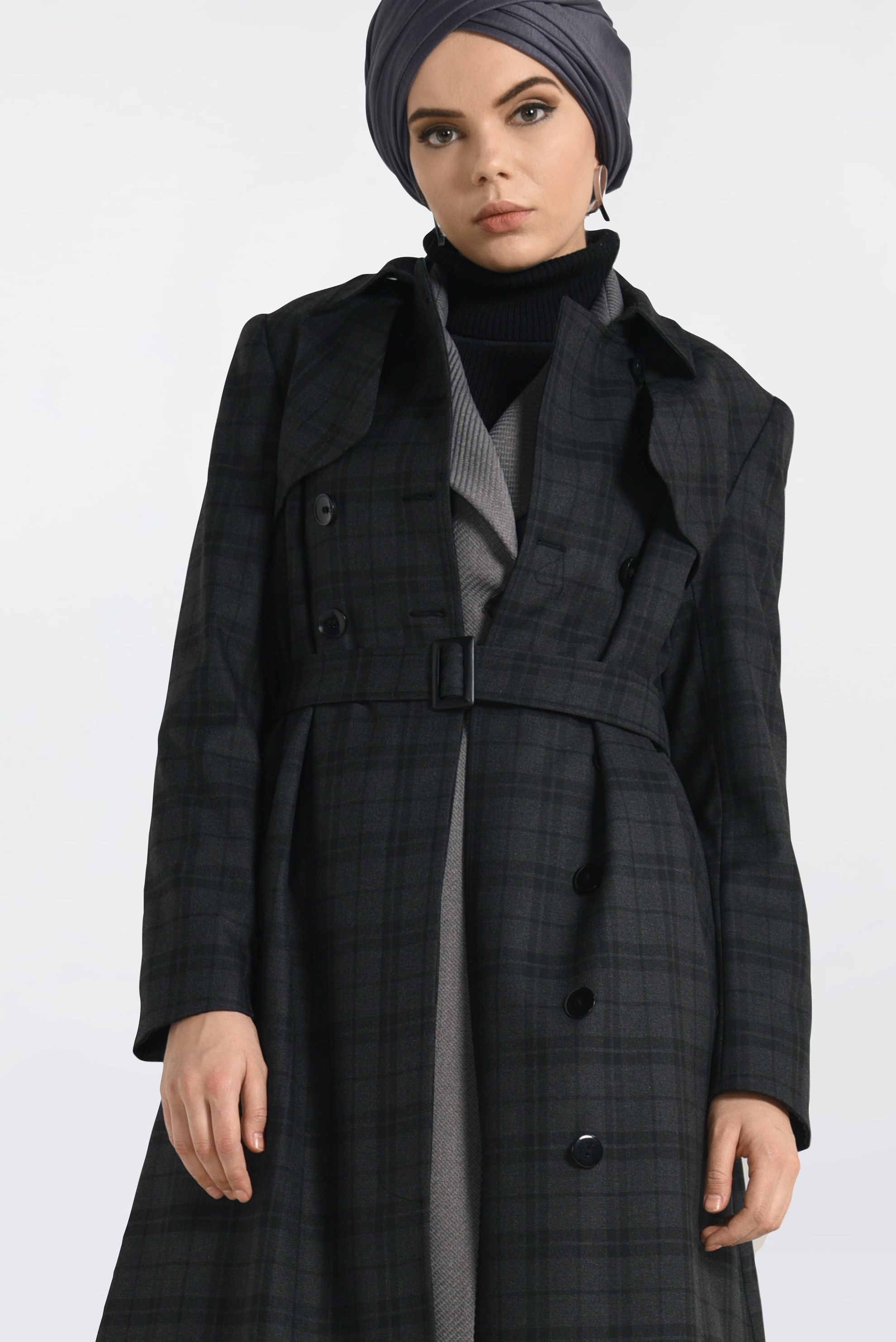 Hijab clothing BLACK PLAID TWILLED TRENCH-COAT 1326-1 