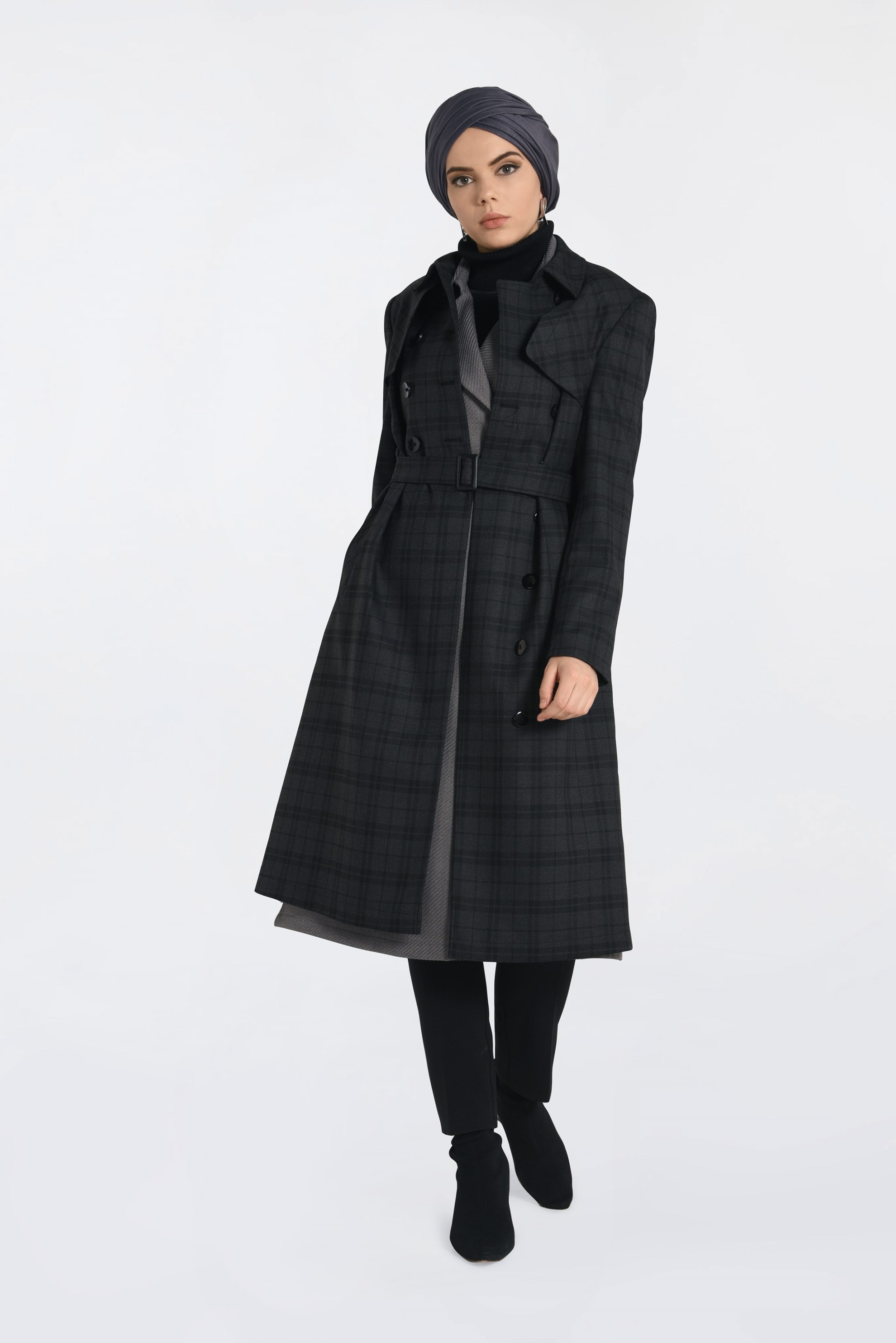 Hijab clothing BLACK PLAID TWILLED TRENCH-COAT 1326-1 