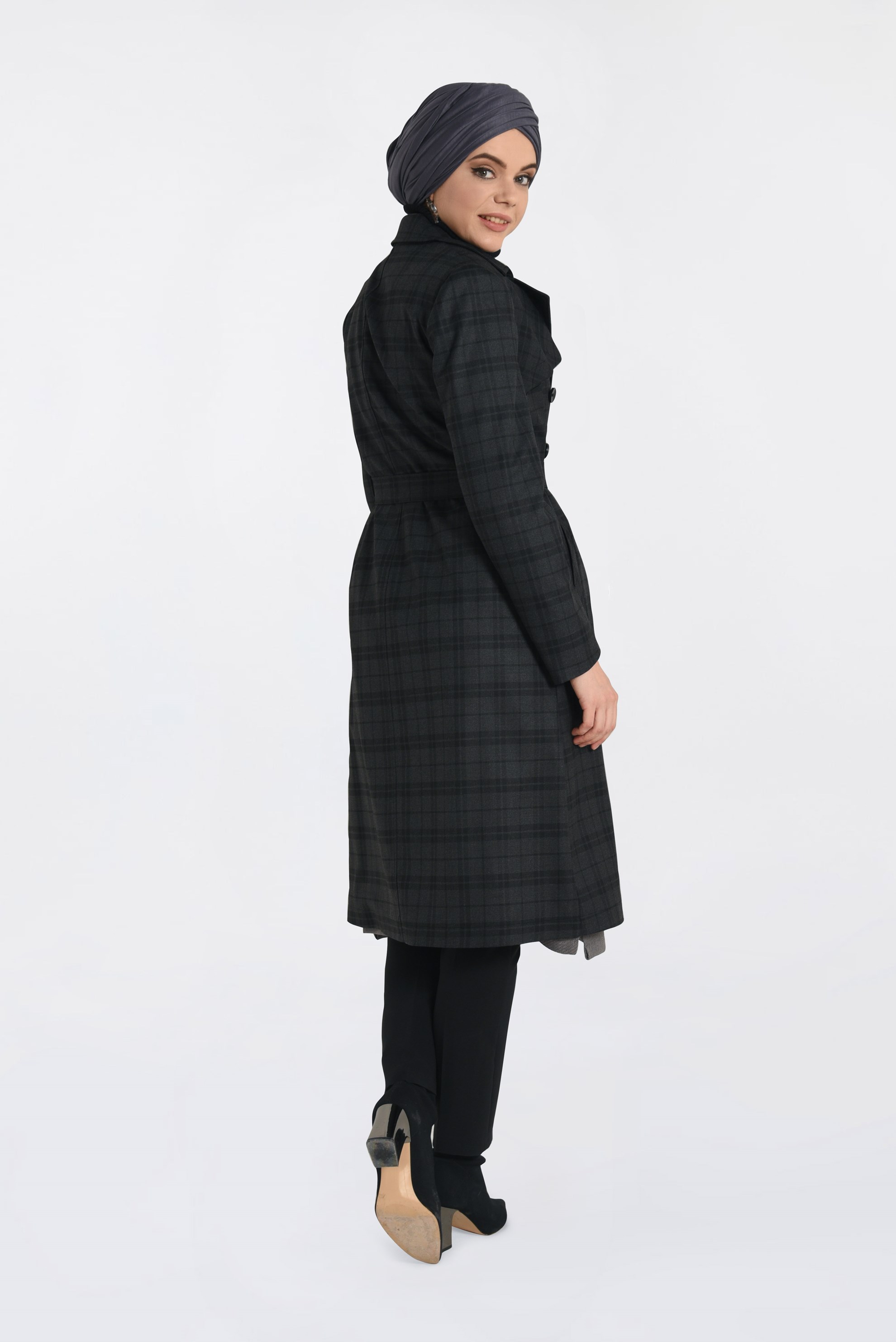 Hijab clothing BLACK PLAID TWILLED TRENCH-COAT 1326-1 