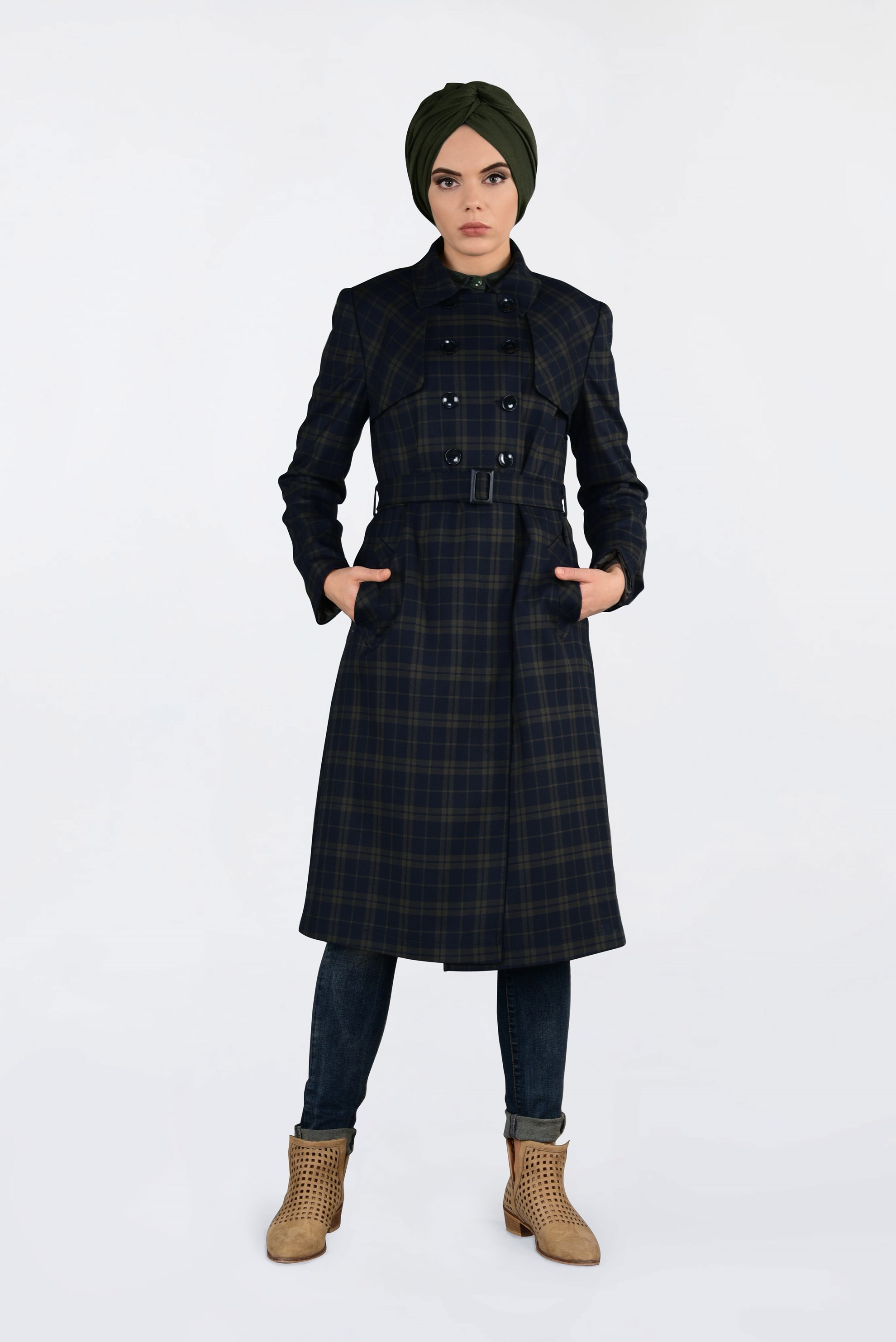 Tesettür giyim LACİVERT EKOSELİ KRUVAZE TRENÇKOT 1326-1