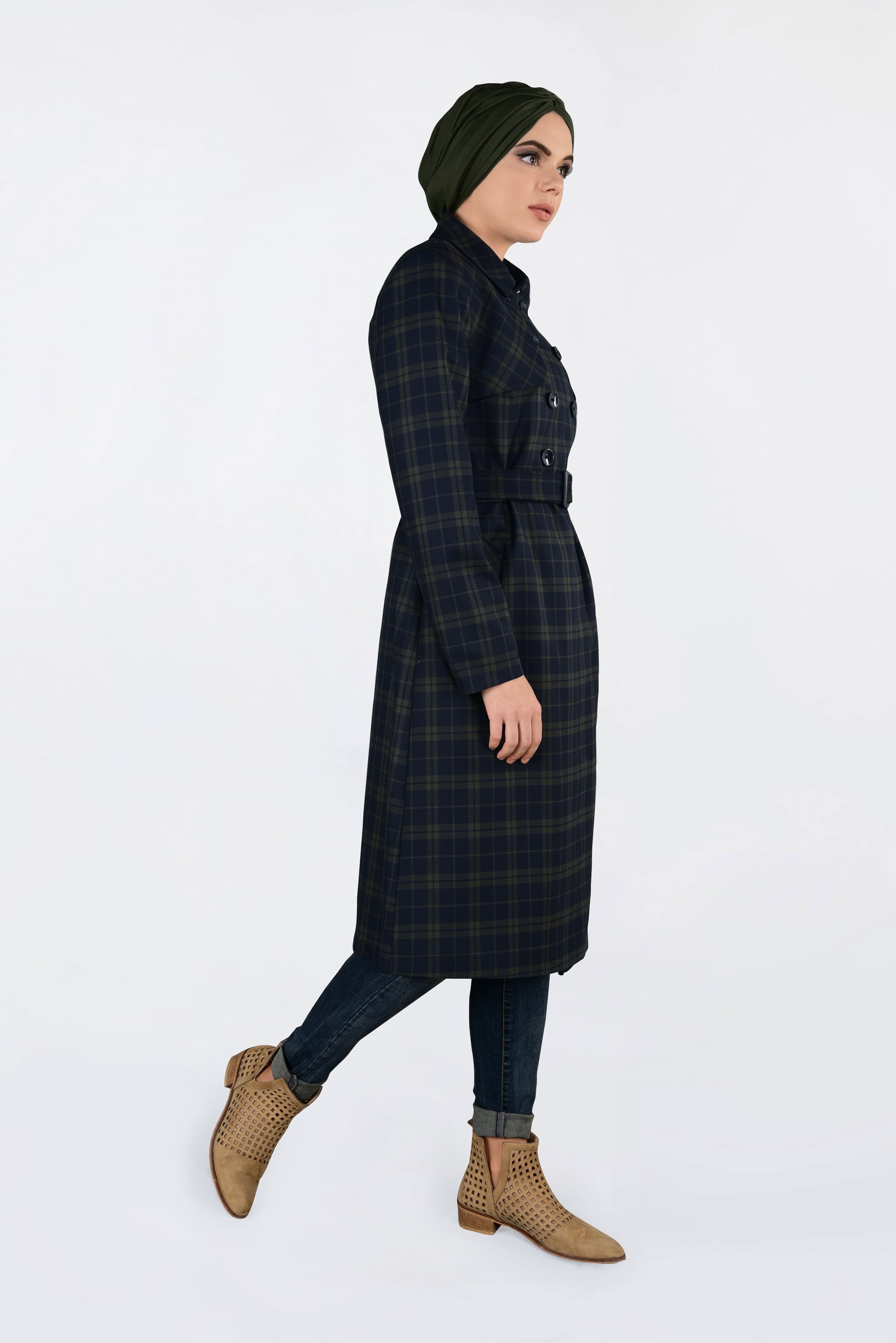 Tesettür giyim LACİVERT EKOSELİ KRUVAZE TRENÇKOT 1326-1