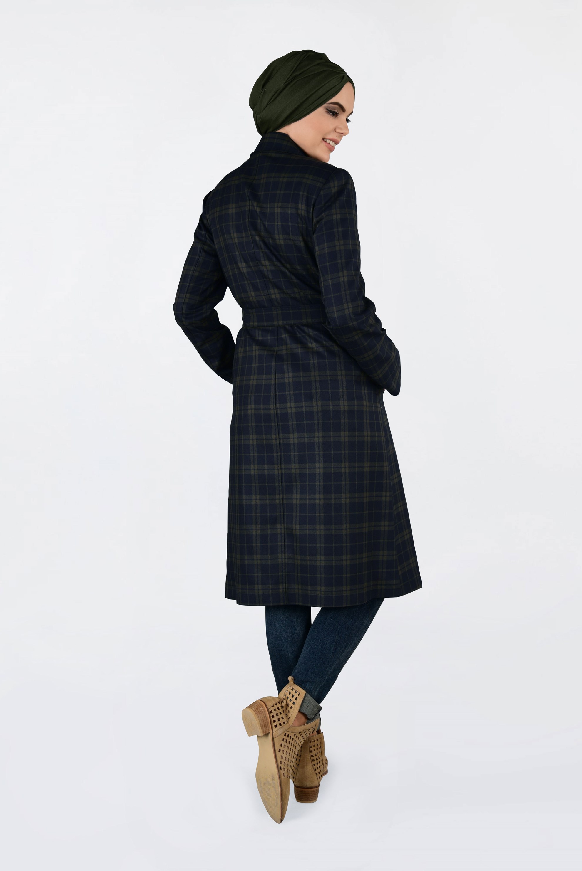 Tesettür giyim LACİVERT EKOSELİ KRUVAZE TRENÇKOT 1326-1