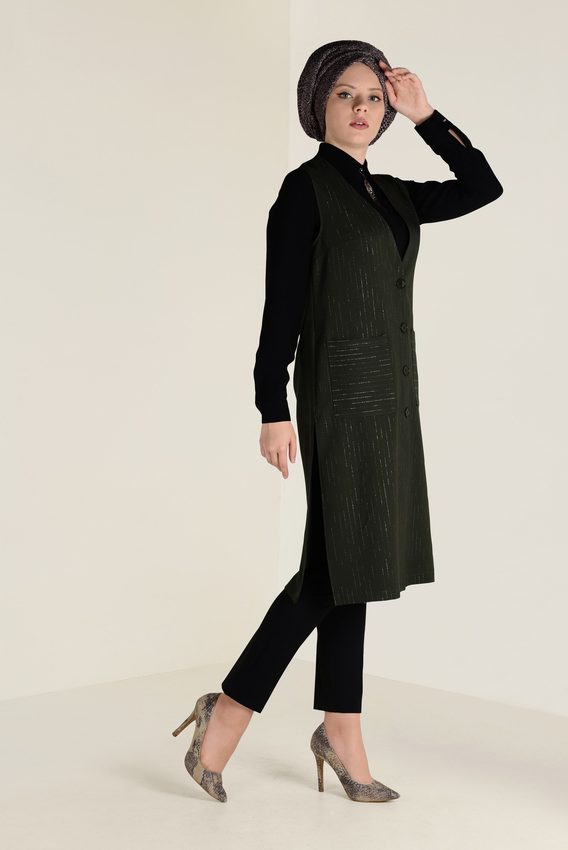 Tesettür giyim HAKİ SİM ÇİZGİLİ KLASİK YELEK 4575