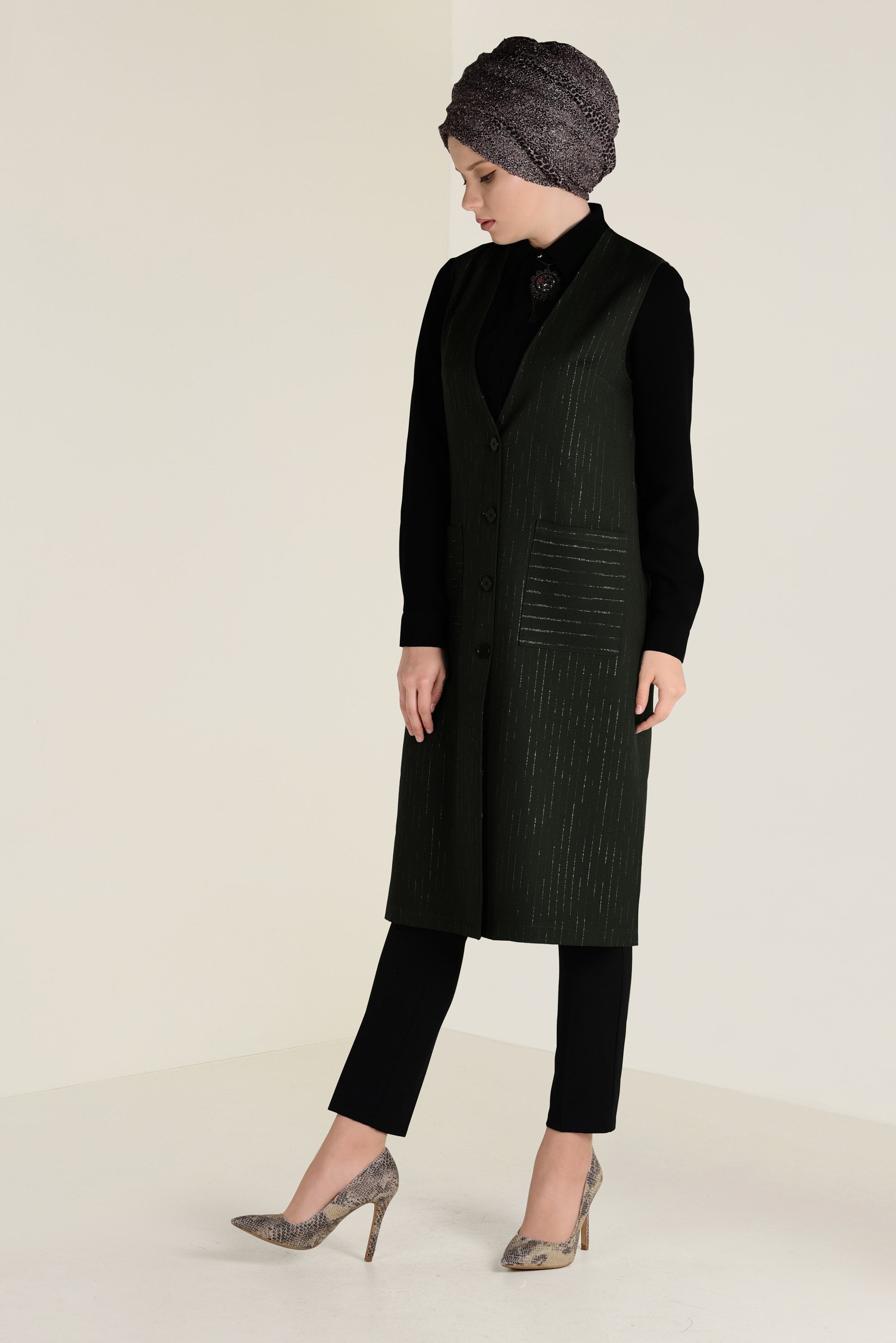 Tesettür giyim HAKİ SİM ÇİZGİLİ KLASİK YELEK 4575