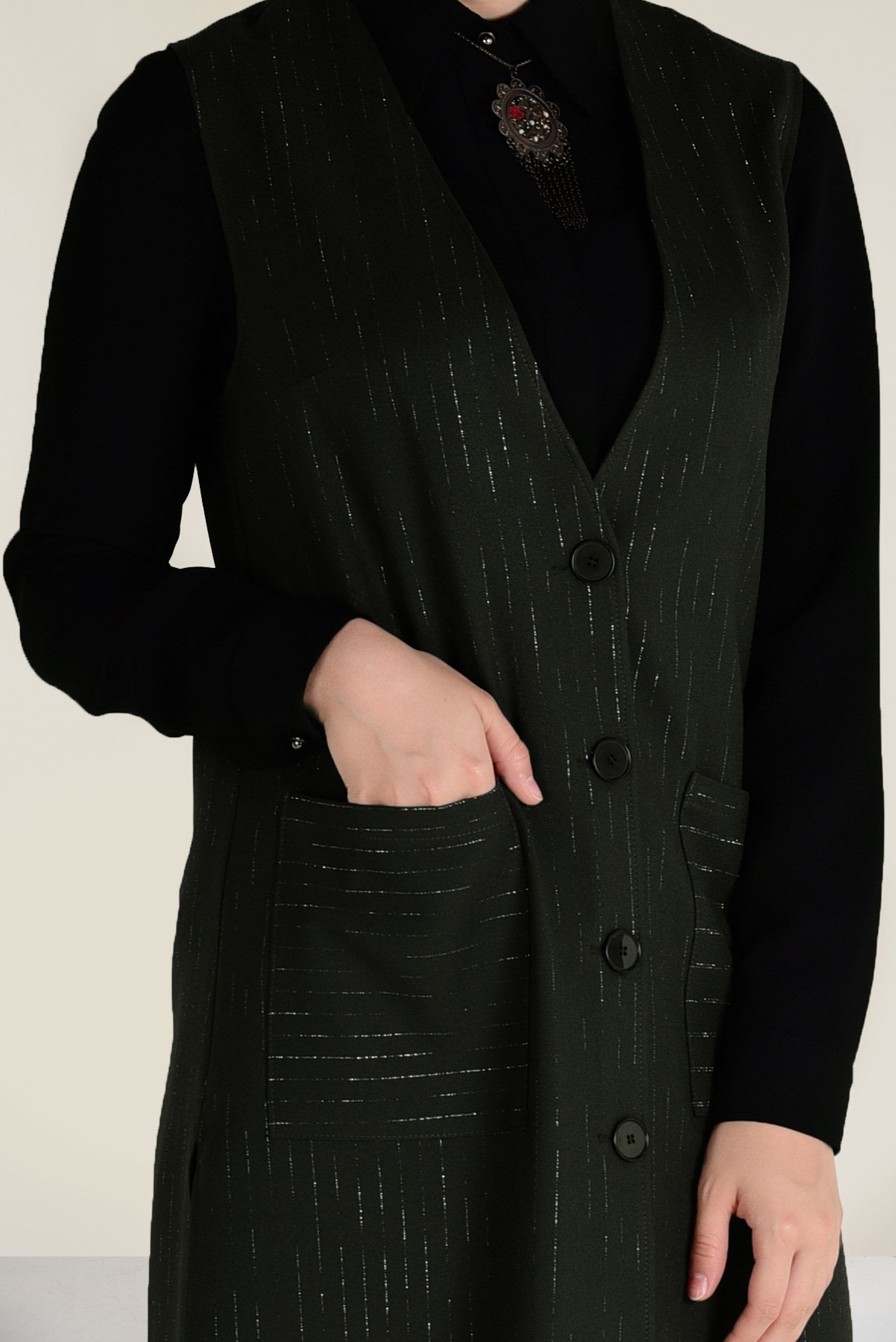 Tesettür giyim HAKİ SİM ÇİZGİLİ KLASİK YELEK 4575