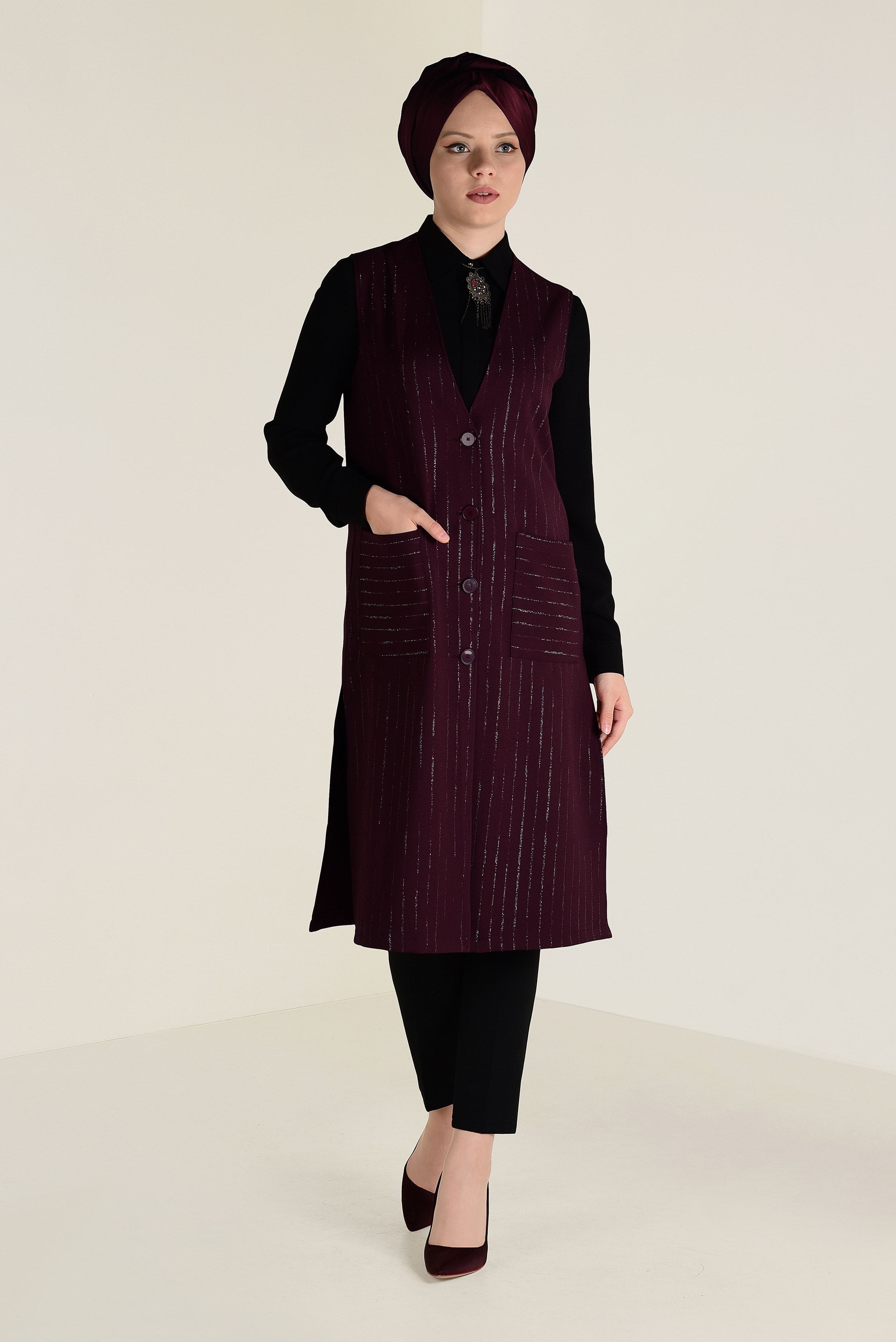 Tesettür giyim MÜRDÜM SİM ÇİZGİLİ KLASİK YELEK 4575