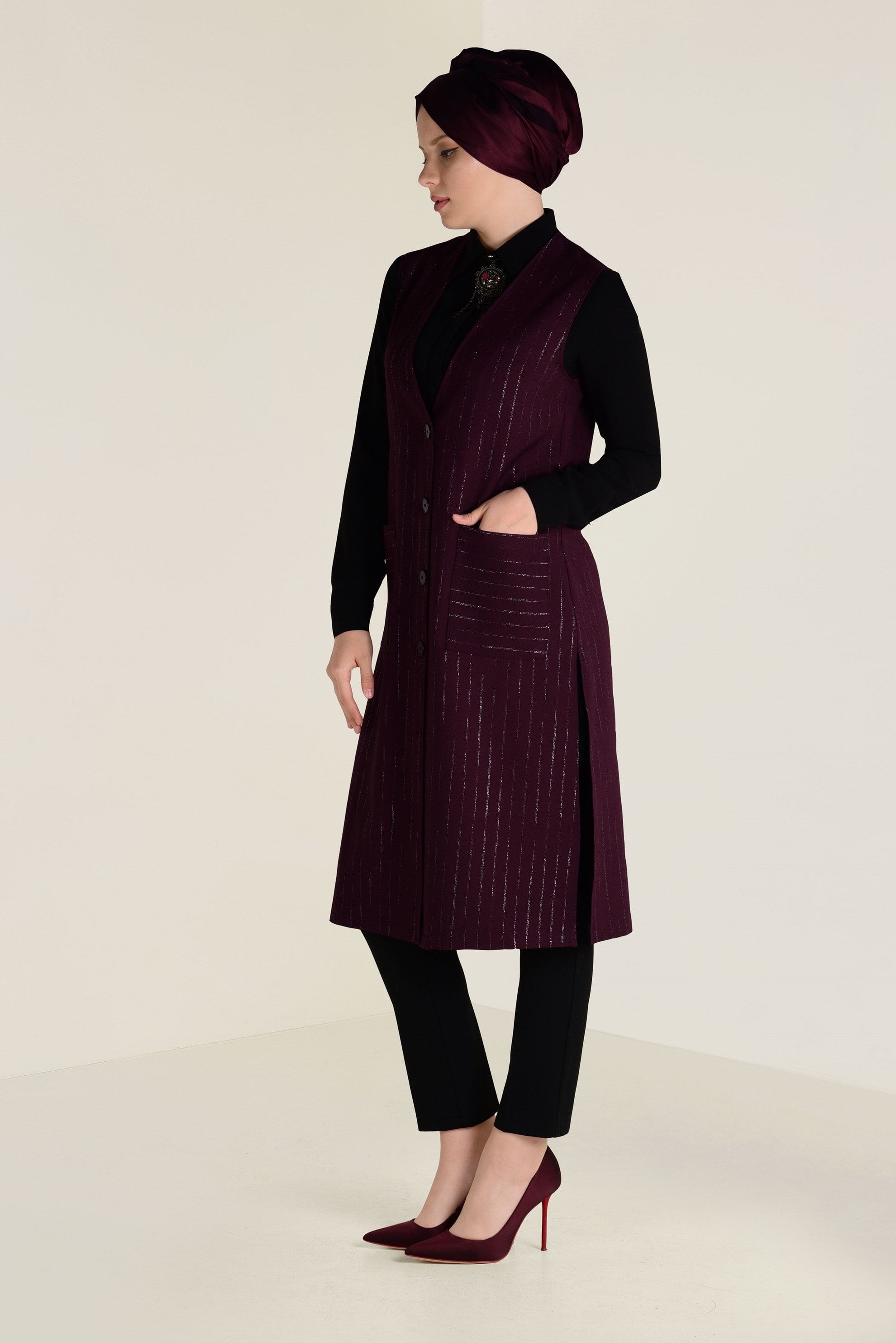 Tesettür giyim MÜRDÜM SİM ÇİZGİLİ KLASİK YELEK 4575